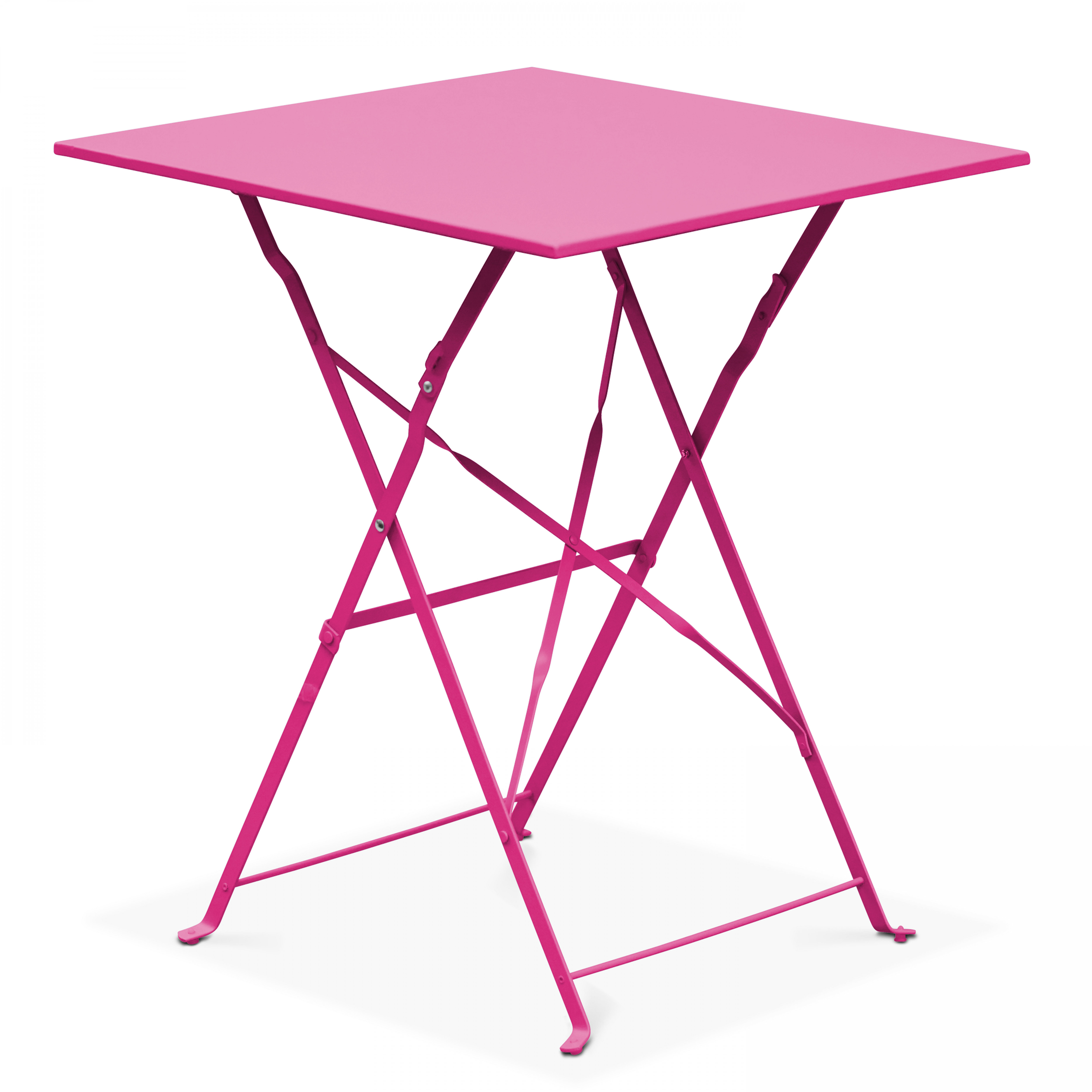Ein pinkfarbener quadratischer Klapptisch. Mit X-förmigen Beinen.