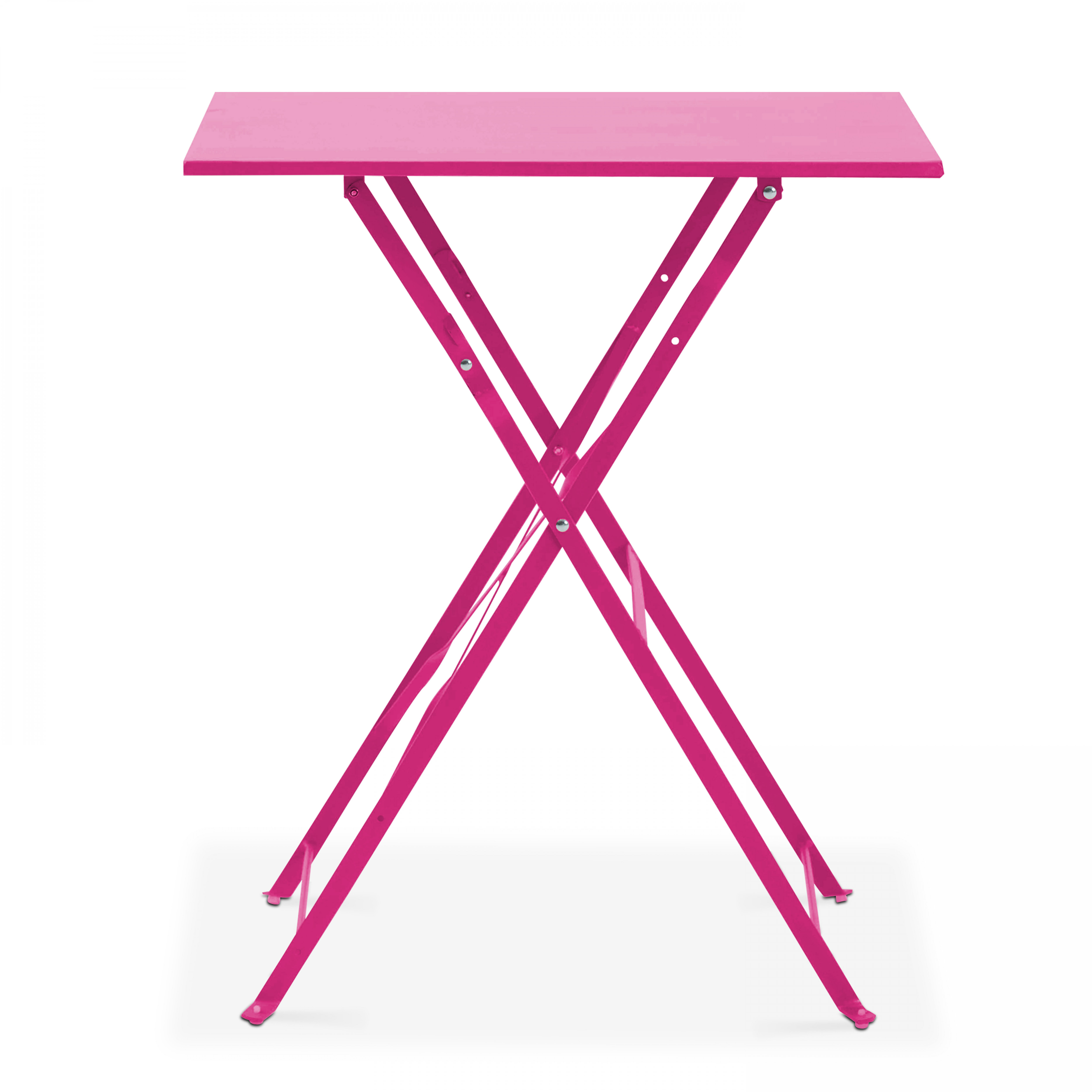 Ein pinkfarbener Klapptisch auf weißem Hintergrund. Quadratische Platte, X-Beine.