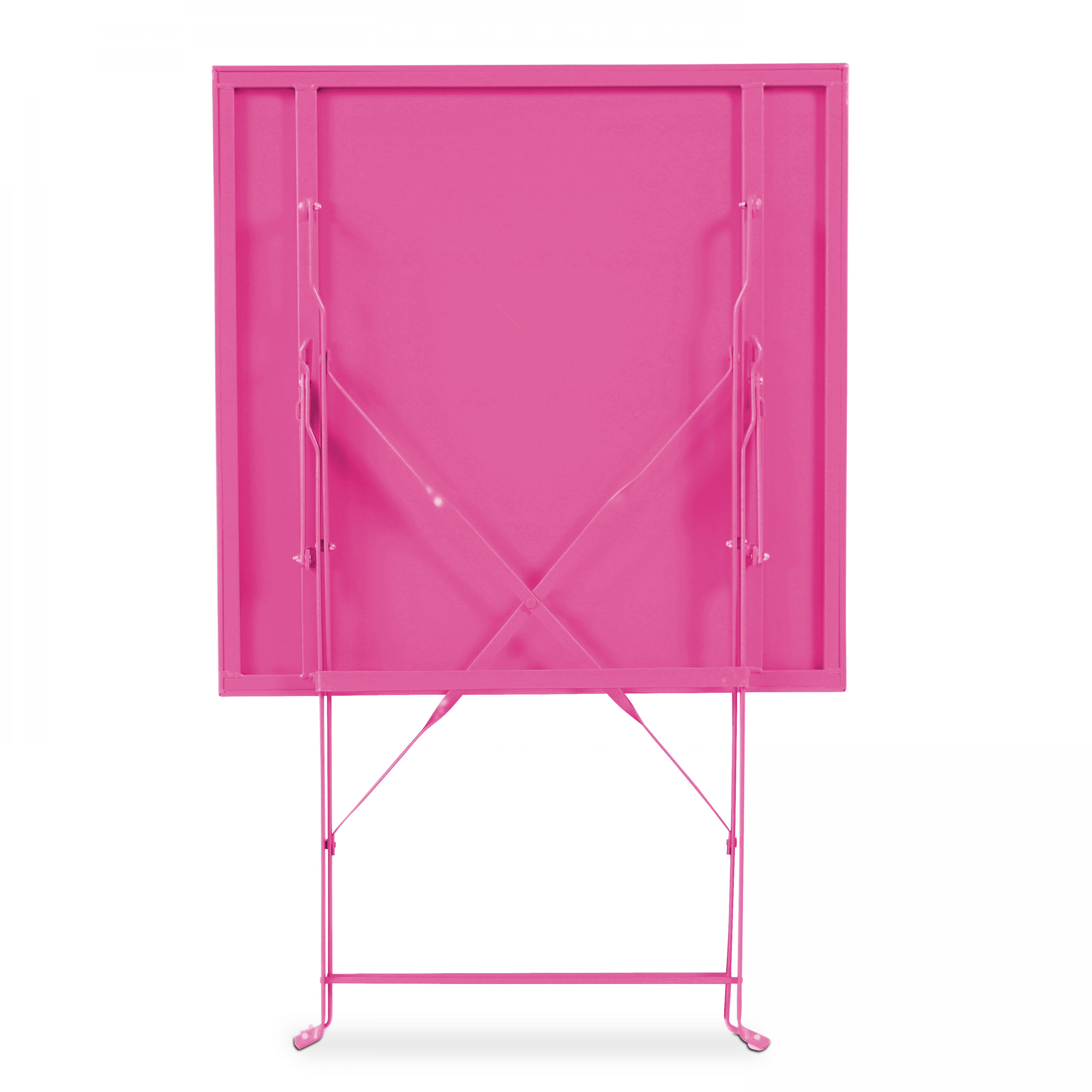 Ein pinkfarbener Klapptisch von unten. Beine vorne, Platte hinten.