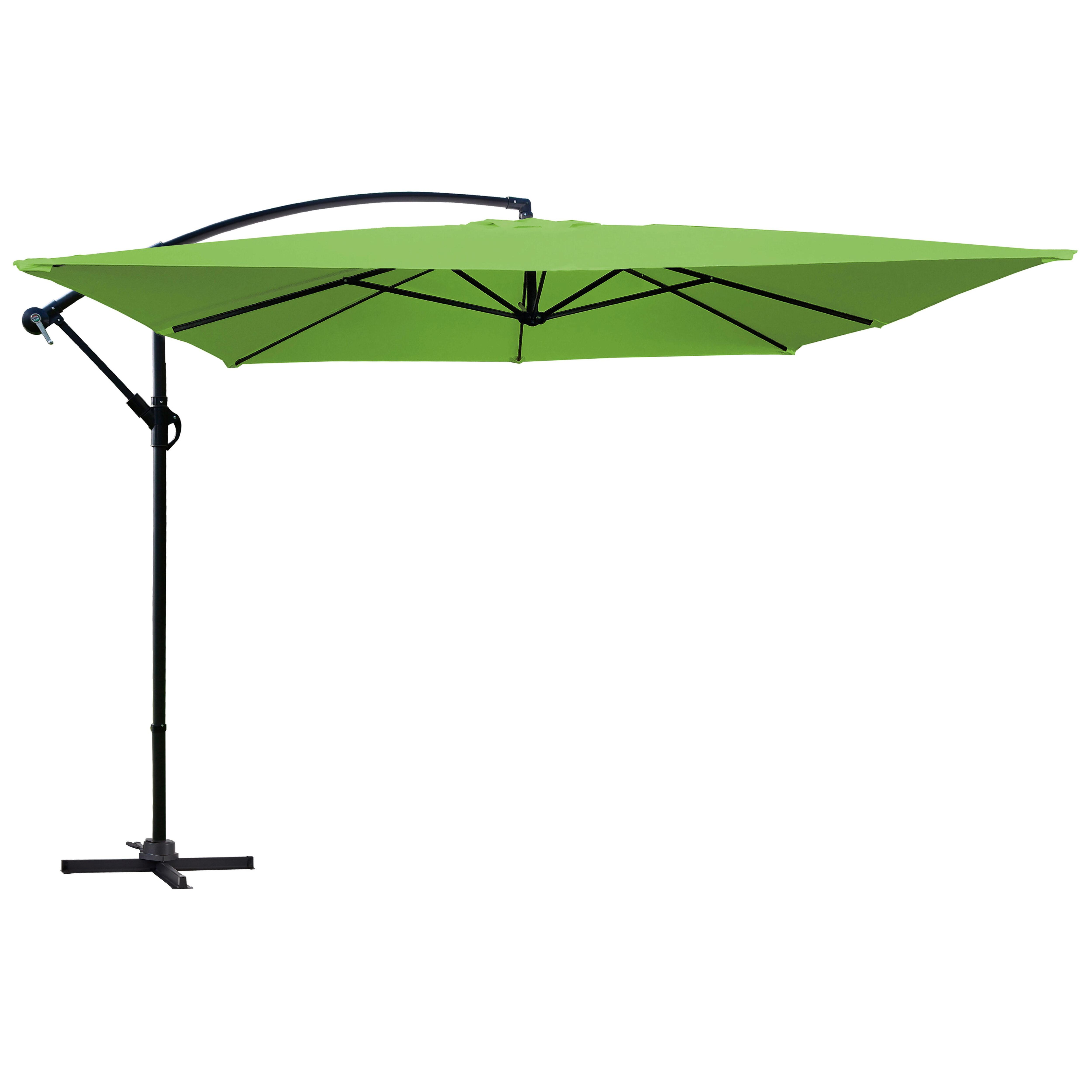 Ein grüner Freischirm mit einem schwarzen Metallrahmen, isoliert auf einem weißen Hintergrund.