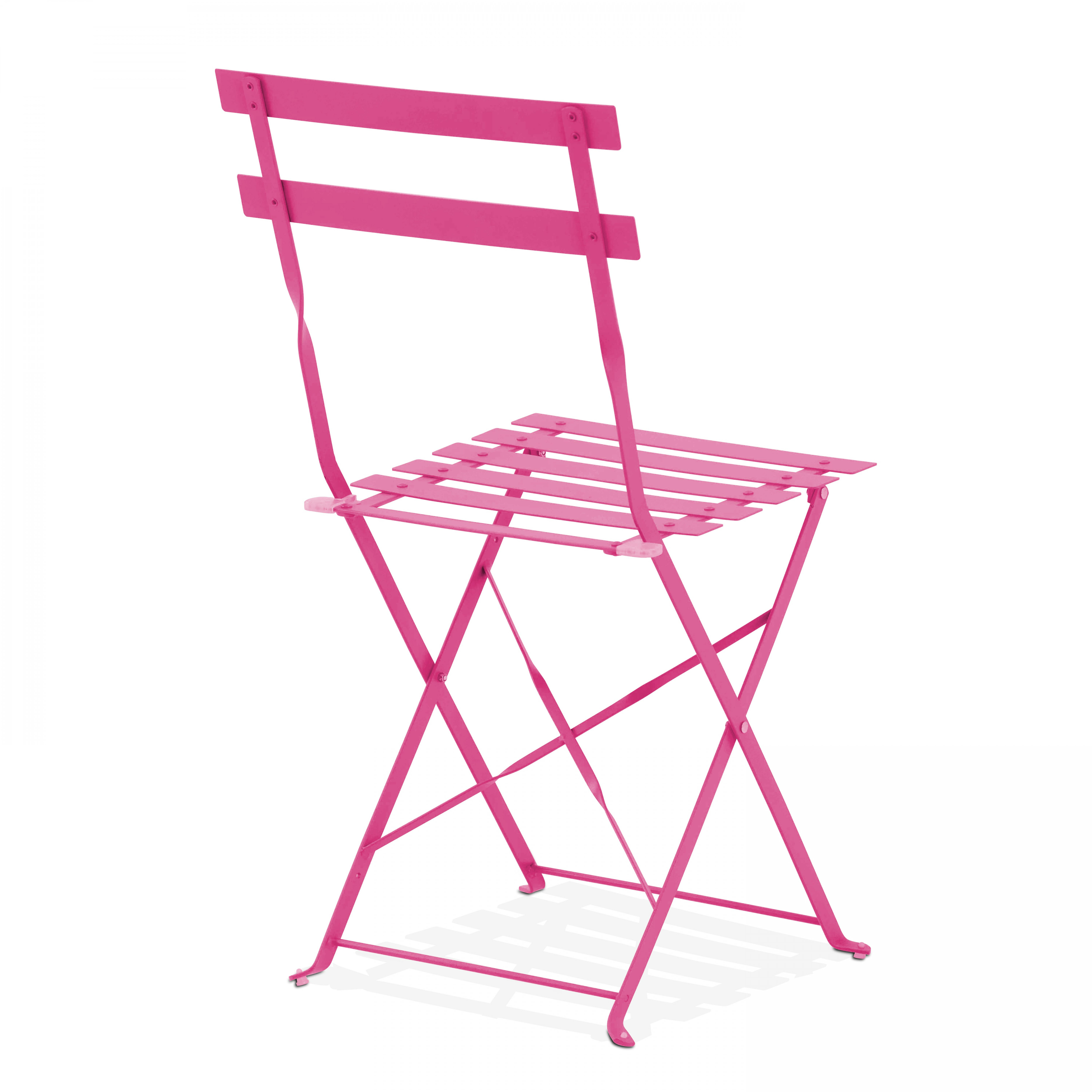 Rosa Klappstuhl mit Latten-Sitz und Rückenlehne, vor weißem Hintergrund.