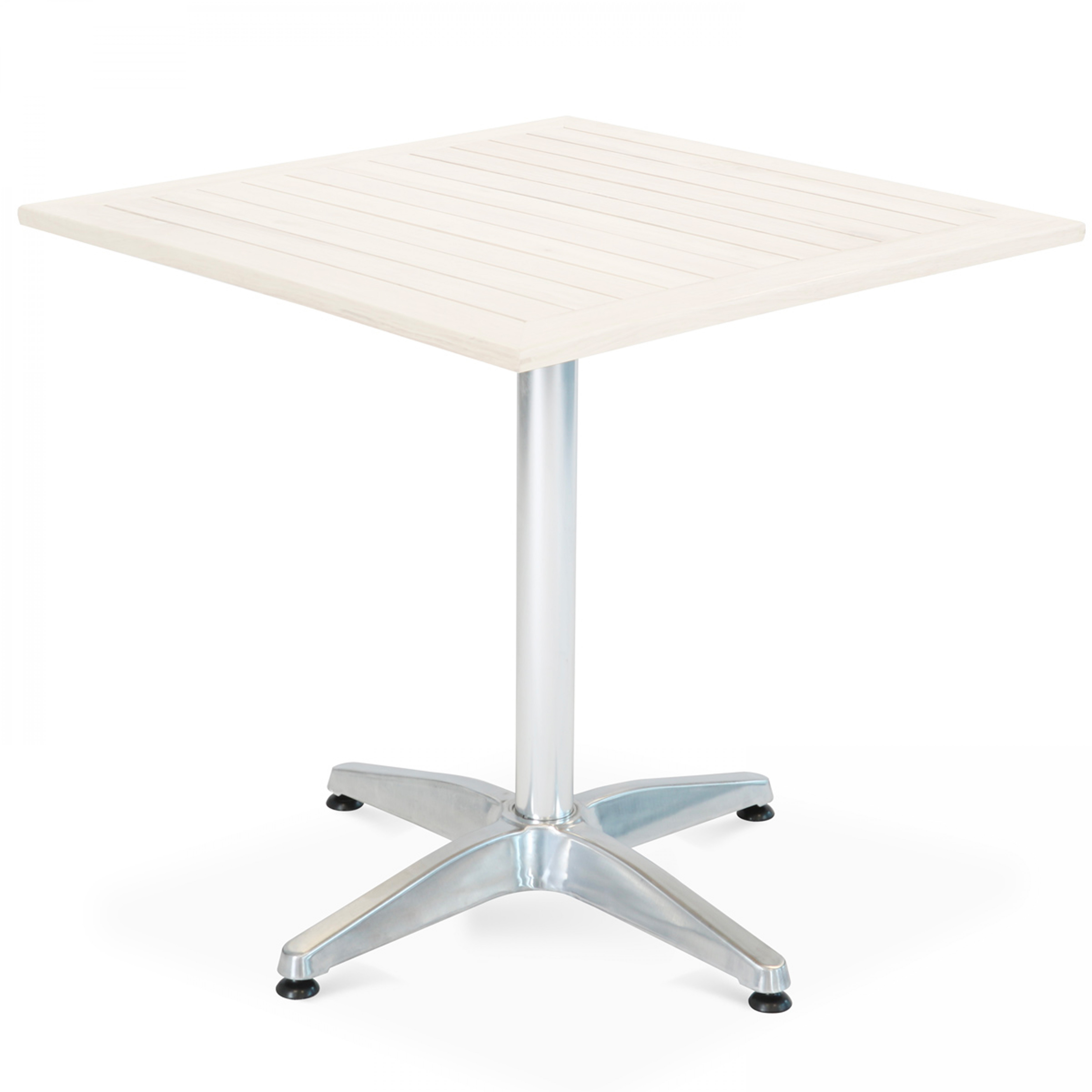 Cremefarbener quadratischer Tisch mit Mittelsäule und Sternfuß.