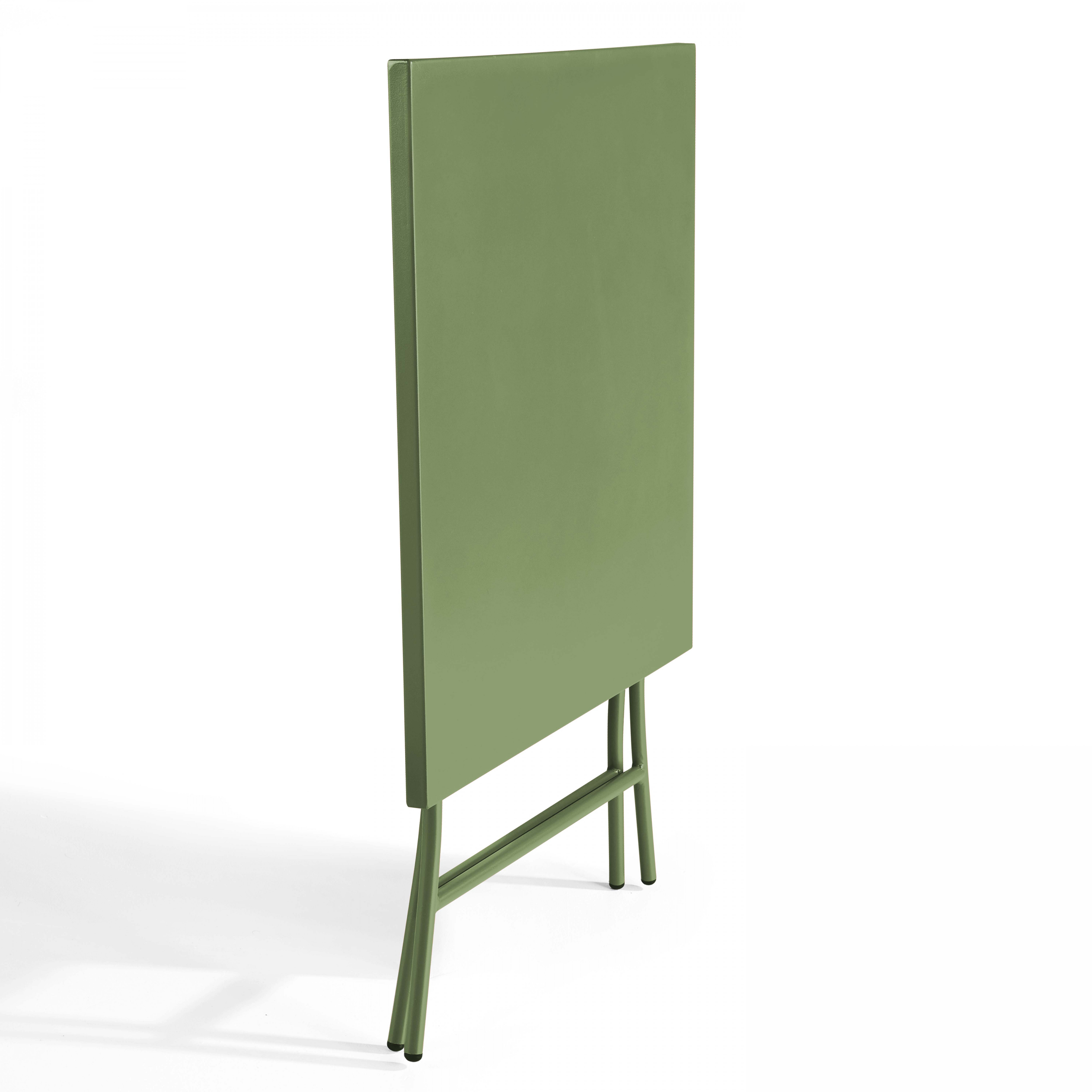 Grüner Klapptisch, Seitenansicht, gerade Beine, weißer Hintergrund.