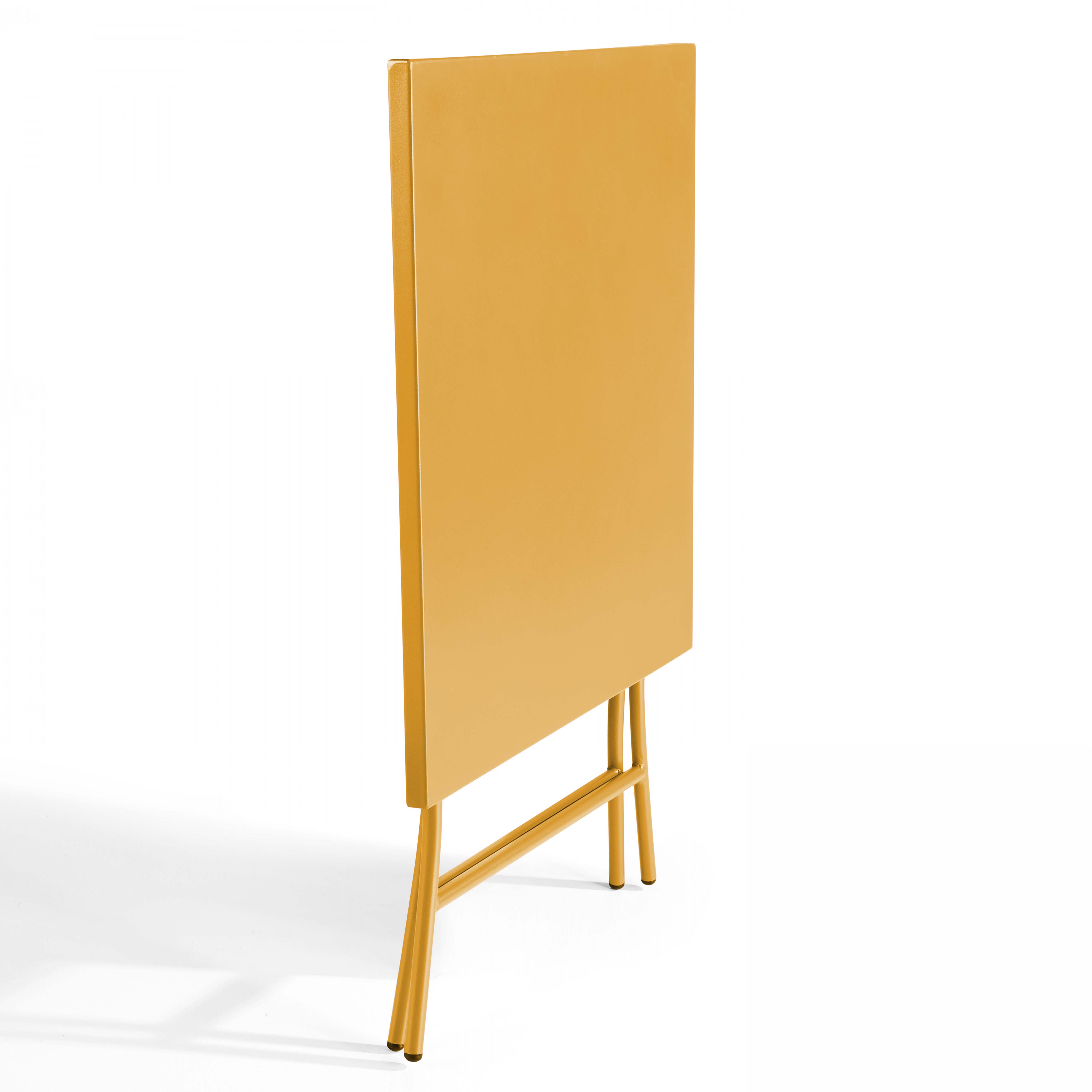 Senfgelber Klapptisch, von der Seite gesehen, mit minimalistischem Design.