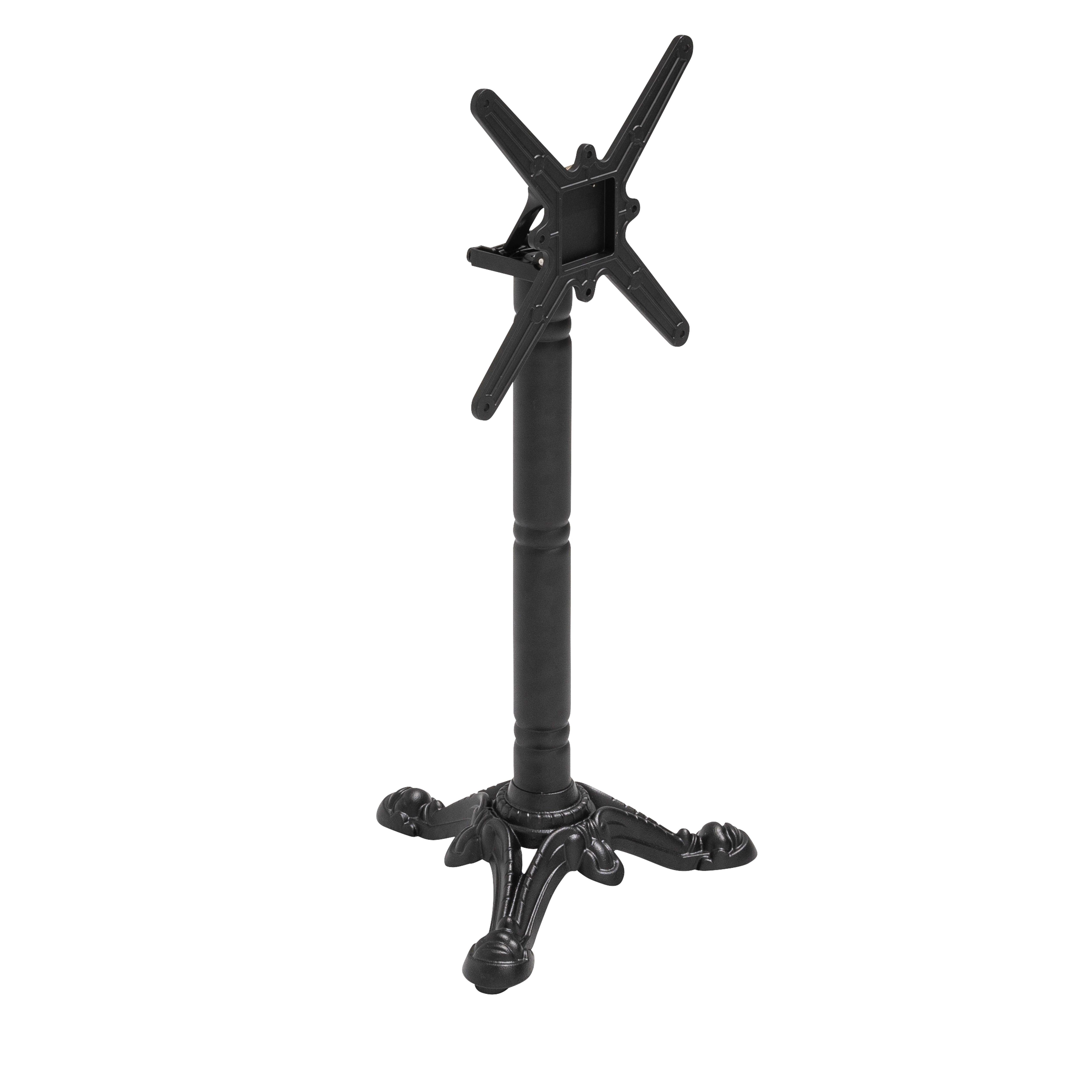 Ein schwarzes Tischgestell mit vierfüßigem Fuß und Mittelsäule.