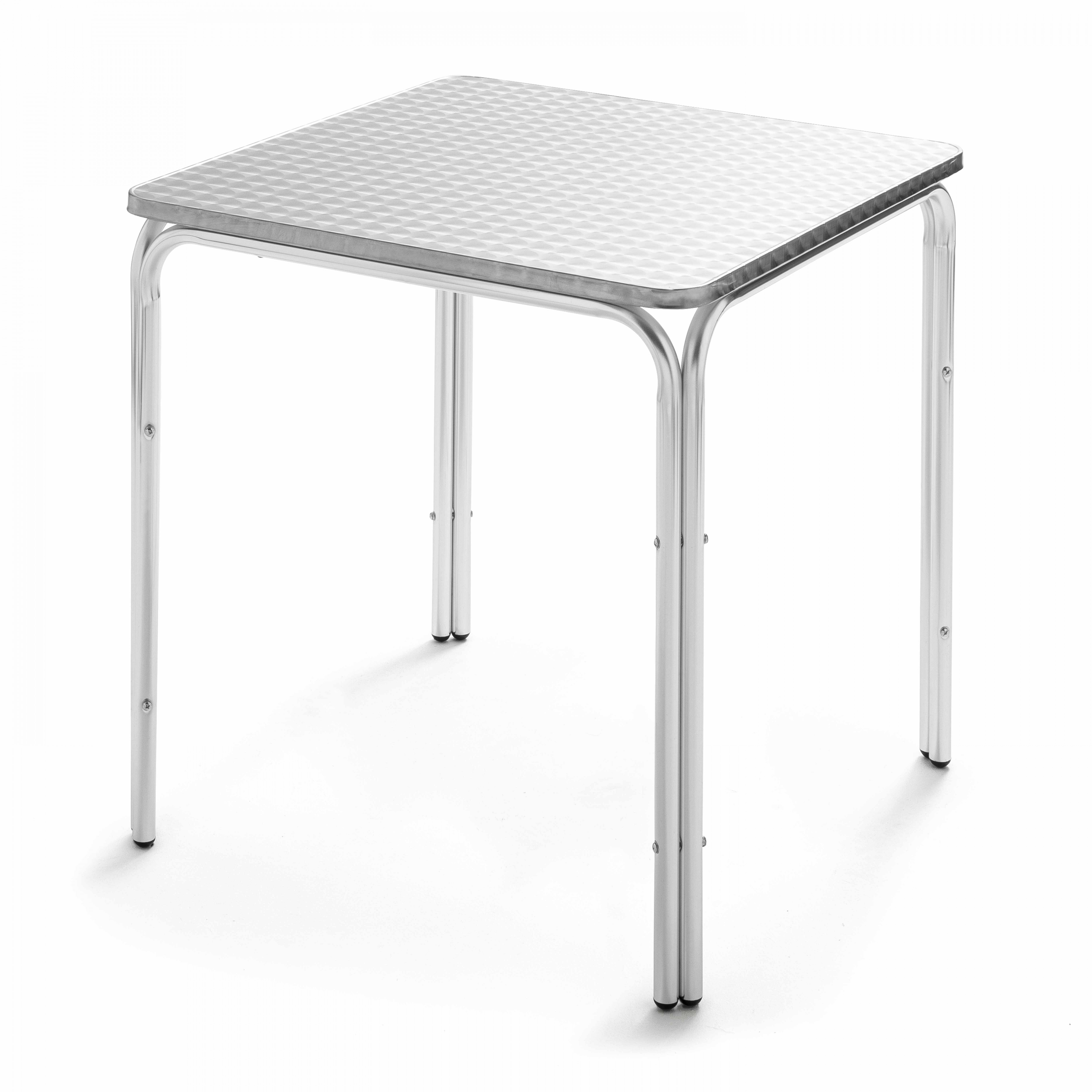 Silberner quadratischer Tisch mit vier Beinen, alles aus glänzendem Metall.
