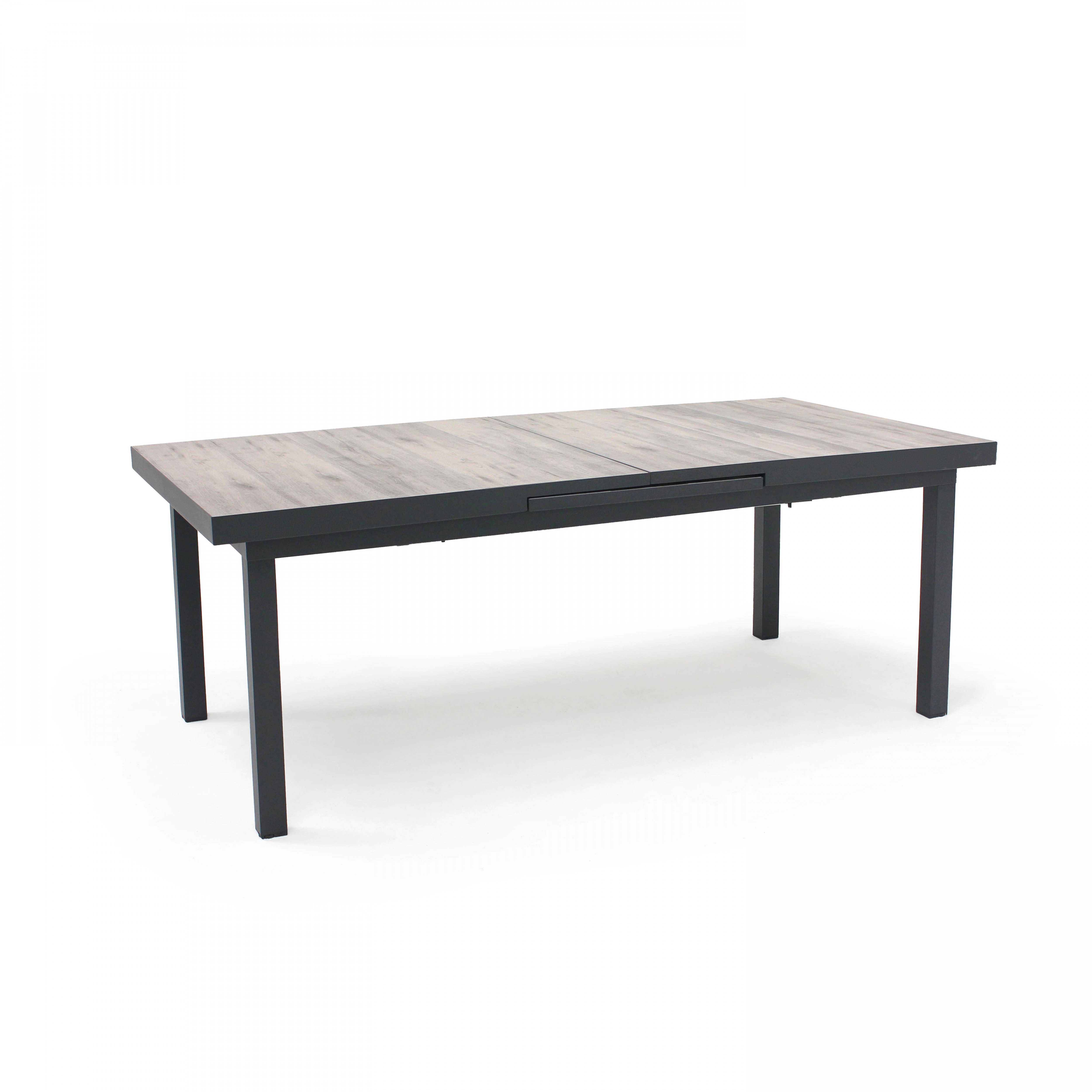 Tisch mit Holzplatte auf weißem Hintergrund, mit Schublade darunter.