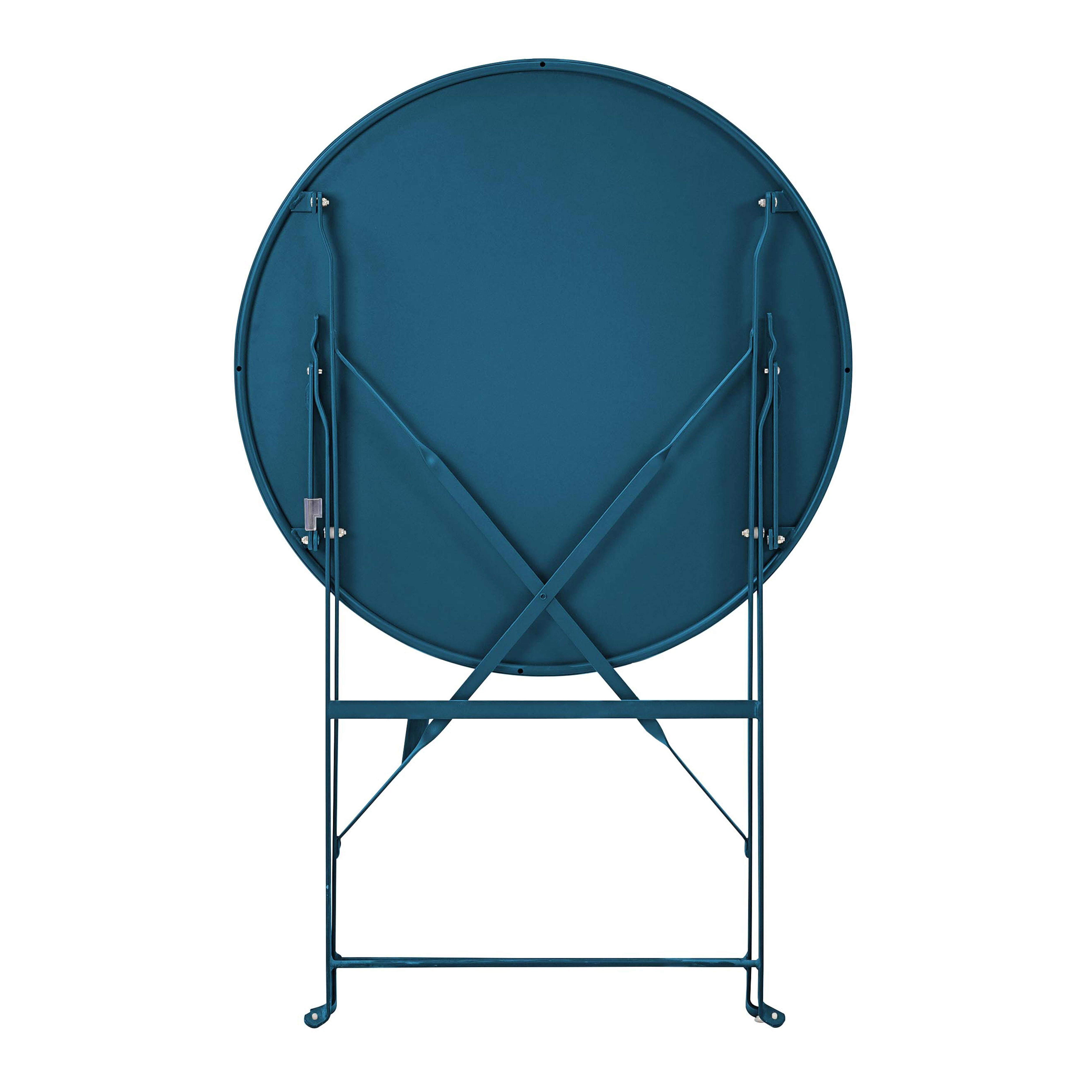 Blauer Klapptisch, rund, von unten gesehen, weiße Beine, auf weißem Hintergrund.