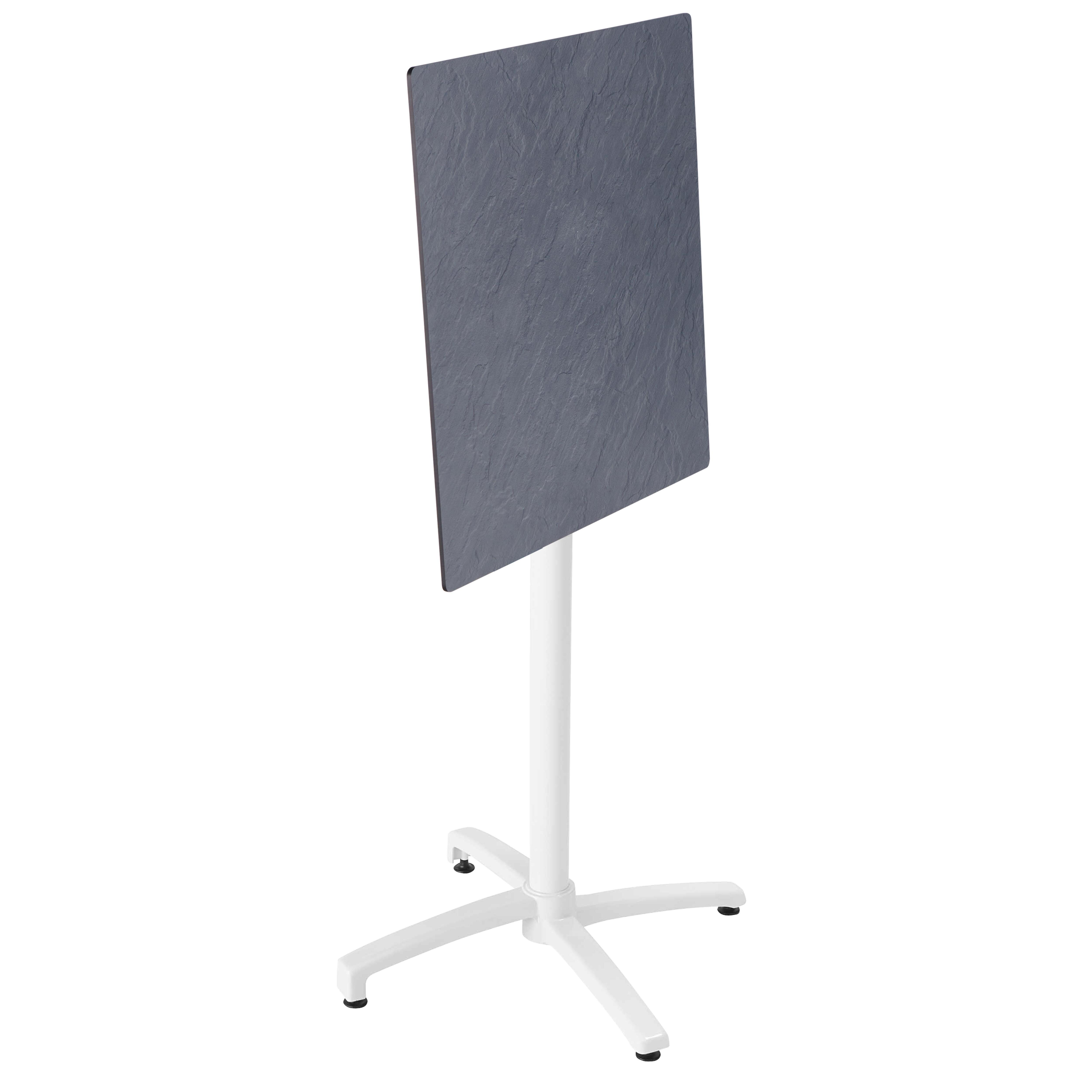 Tisch mit grauer quadratischer Platte. Der Tisch steht auf weißem Unterbau mit vier Beinen.