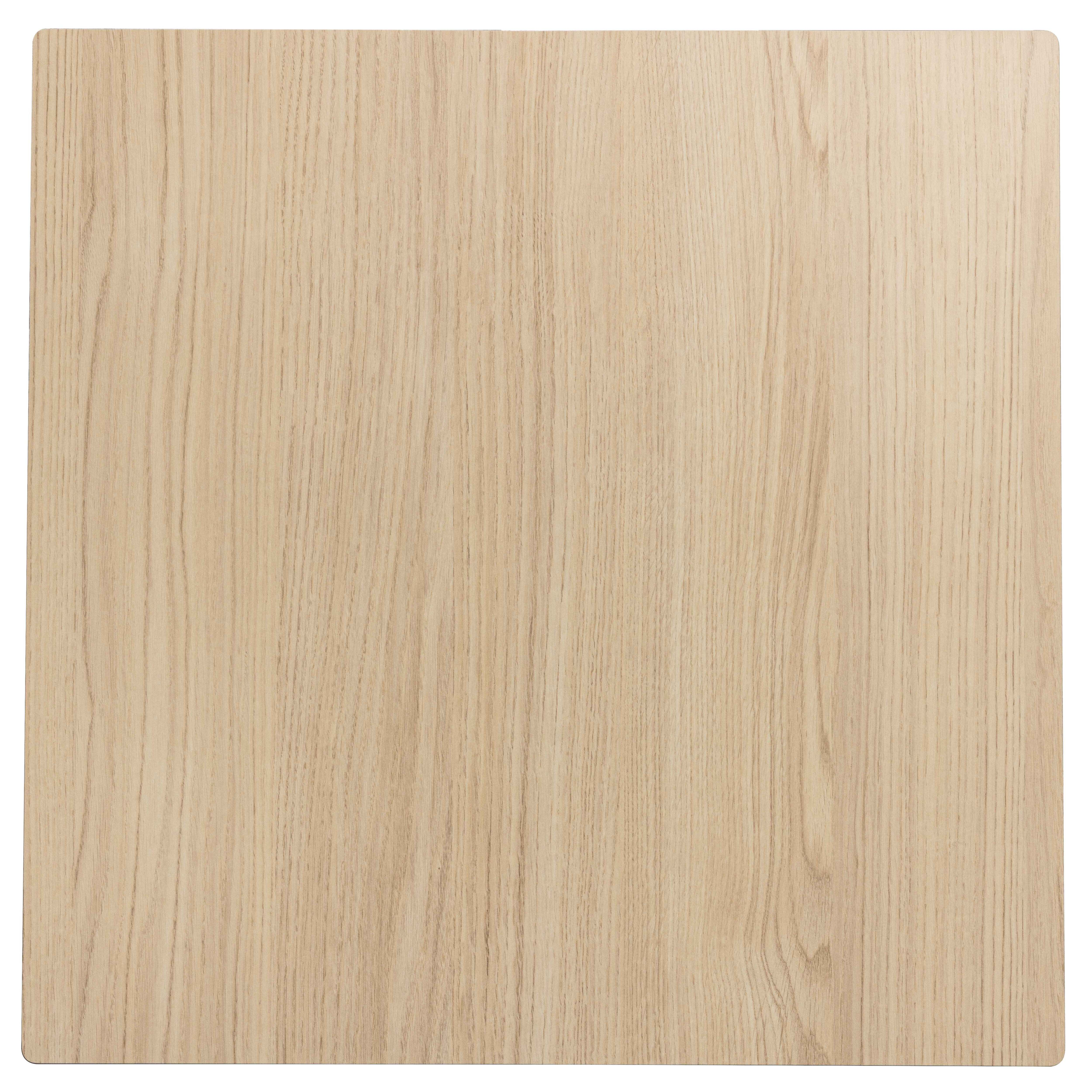 Eine quadratische Holz-Tischplatte, Draufsicht, mit sichtbarer Maserung.