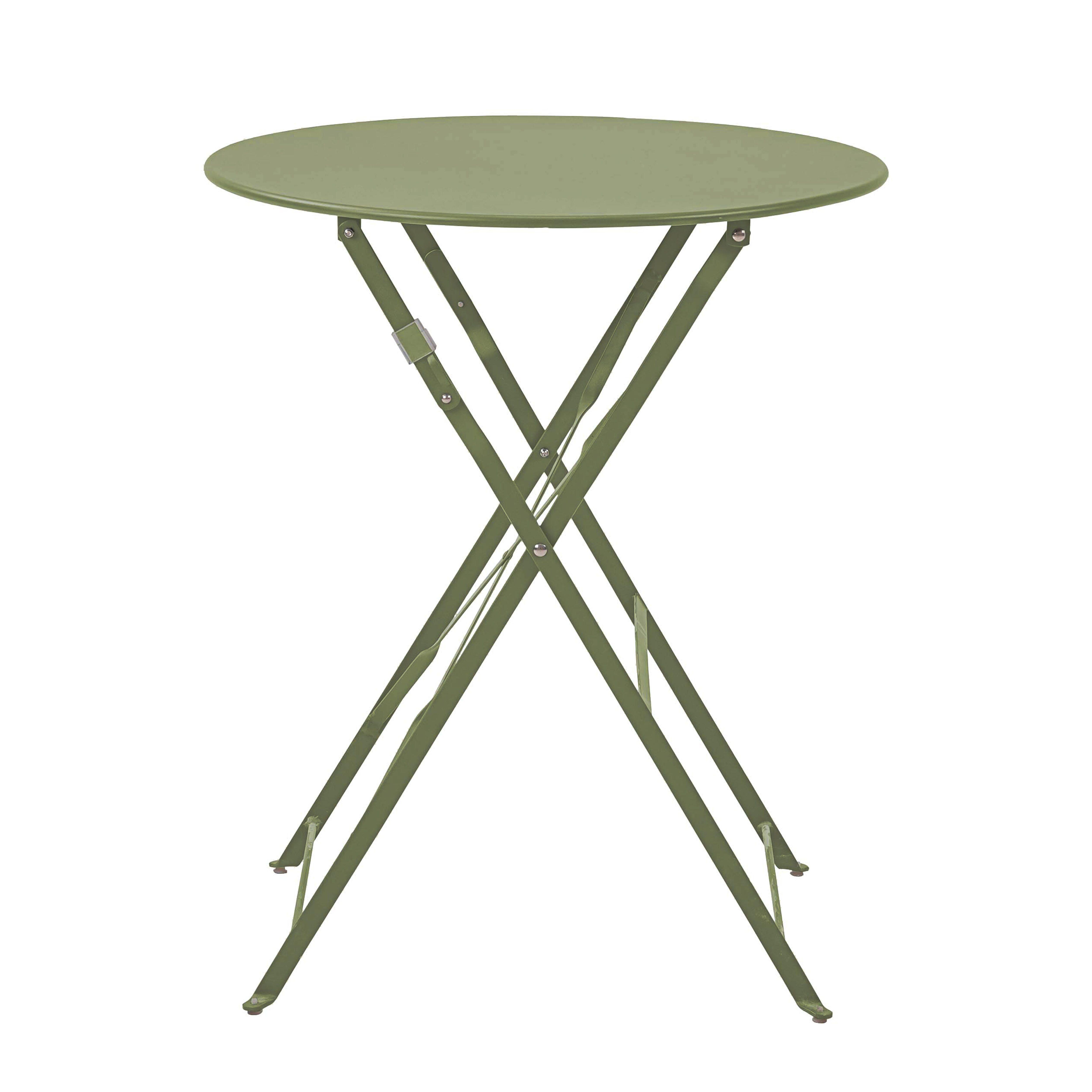 Grüner runder Bistrotisch. Verfügt über ein zusammenklappbares Design mit X-förmigem Fuß.