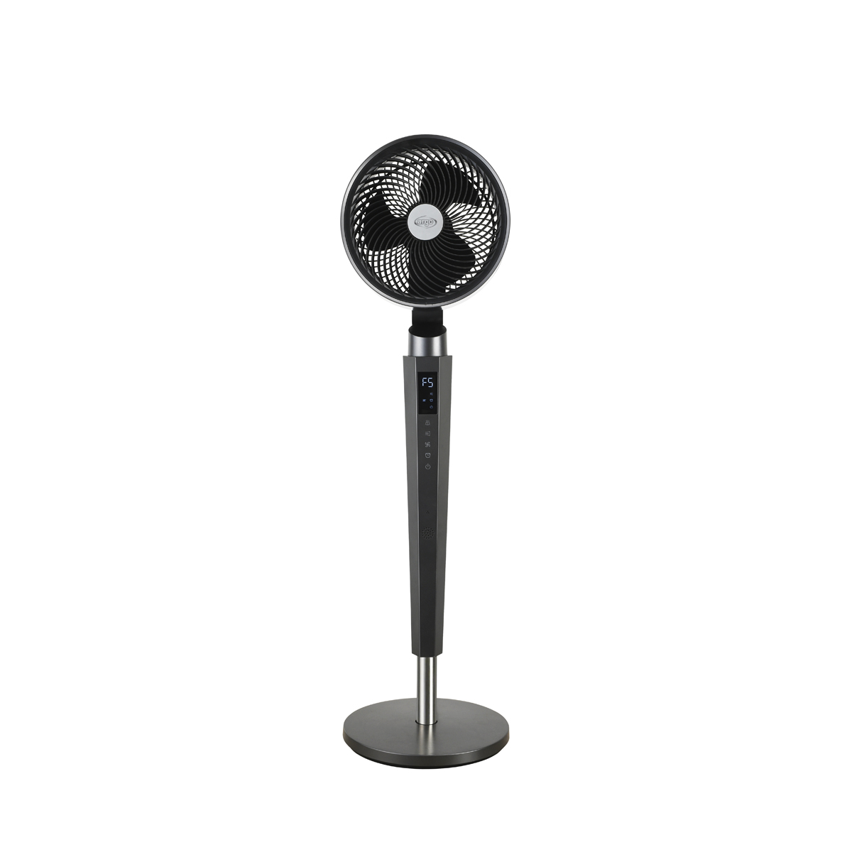 Schwarzer Ventilator mit Ständer und rundem Sockel auf weißem Hintergrund.