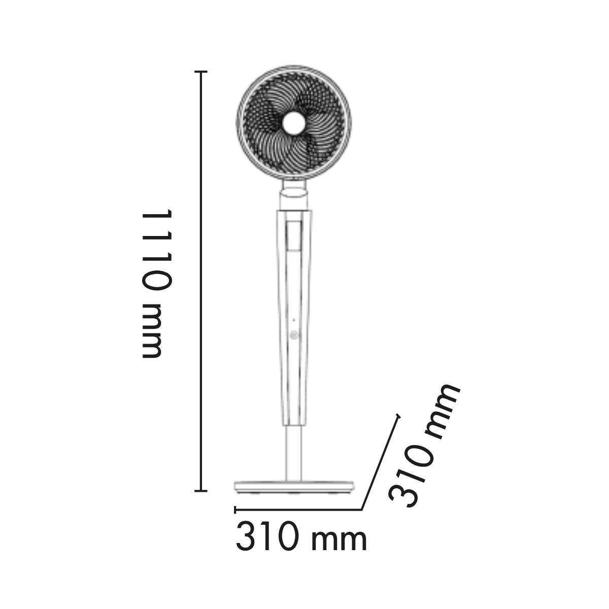Strichzeichnung eines weißen Ventilators mit Maßen, Standfuß.
