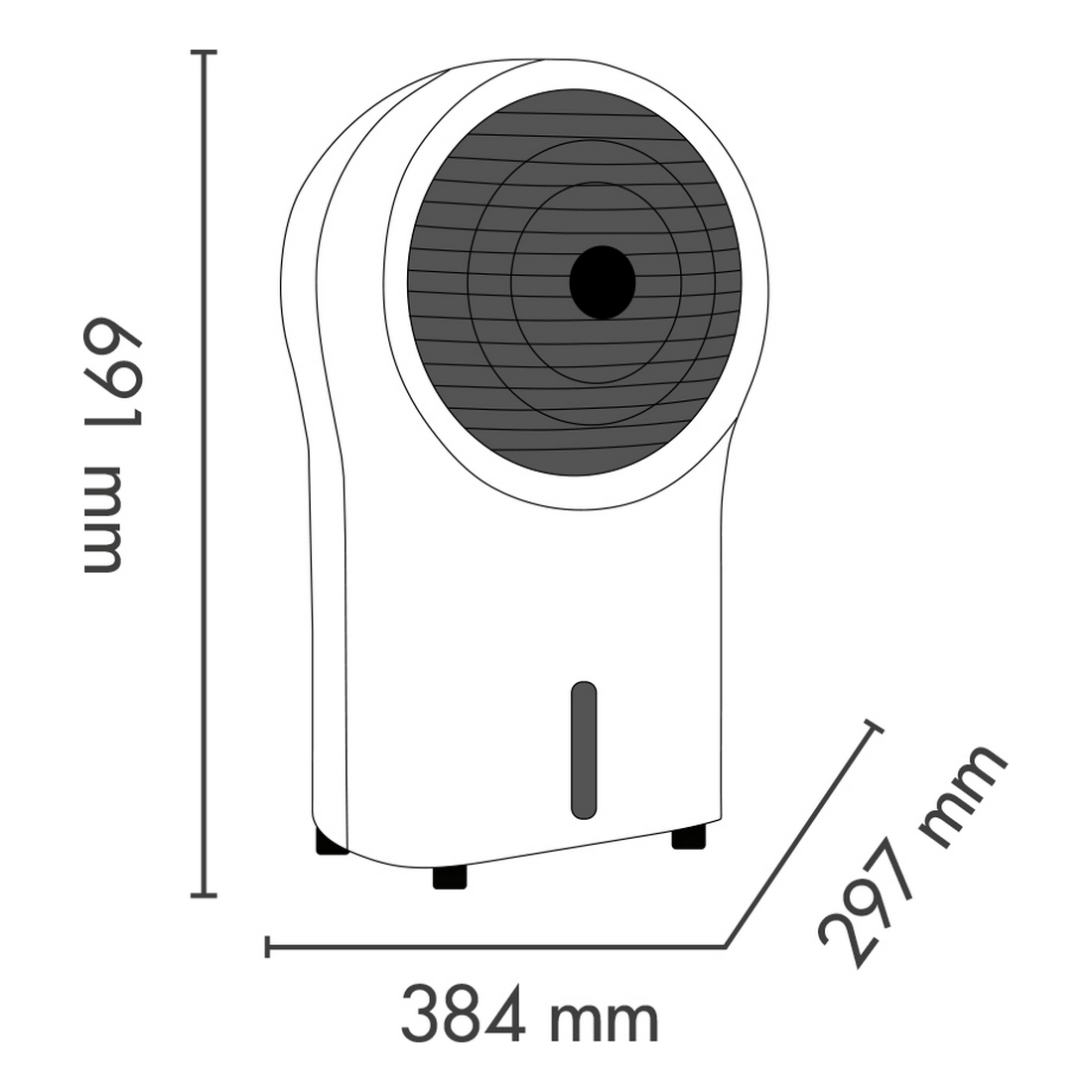 Dimensioni del condizionatore d'aria bianco con misure. 691 mm altezza, 384 mm larghezza, 297 mm profondità.