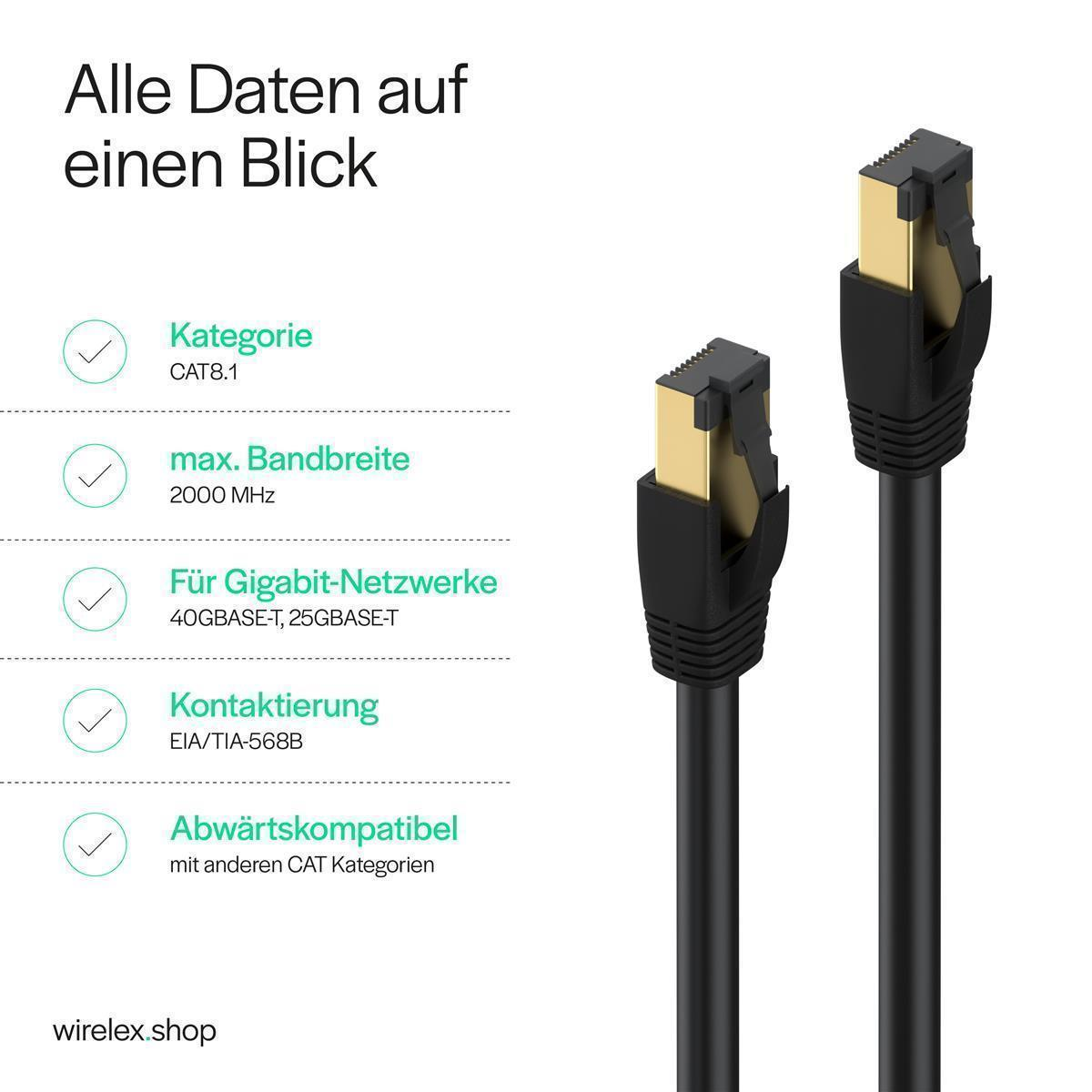 Zwei schwarze Ethernet-Kabel mit Goldsteckern, neben einer Liste mit Netzwerkspezifikationen.
