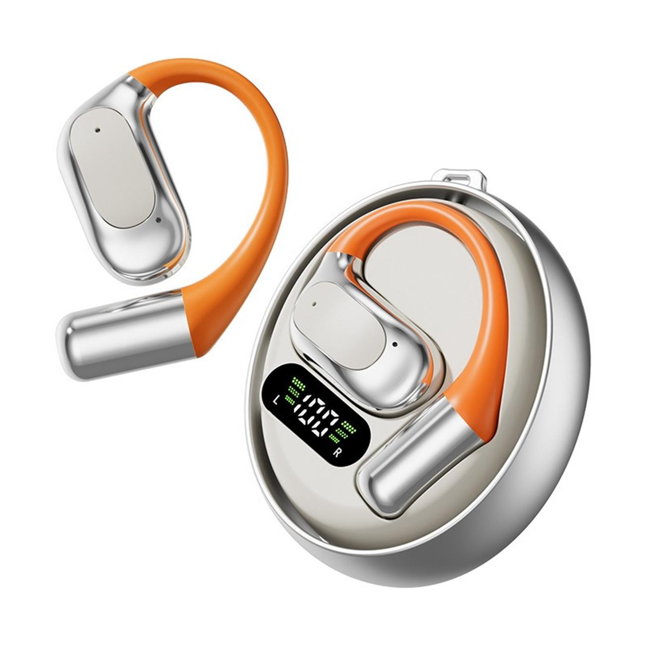 Orange und silberne Kopfhörer und Ladeetui. Auf einer beigen Oberfläche.
