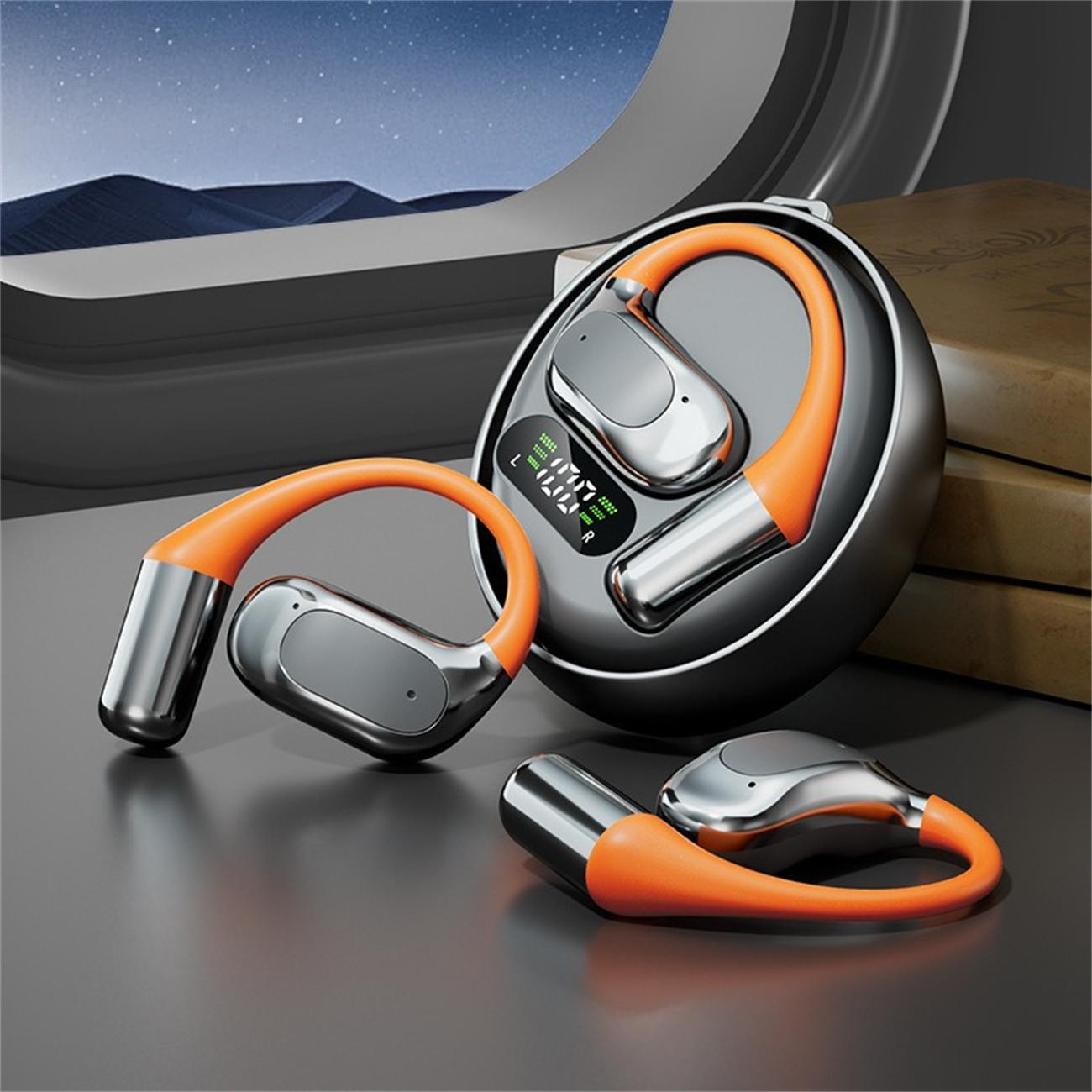 Silber-orange Knochenschallkopfhörer in ihrer Ladebox vor sternenklarem Nachthimmelhintergrund.