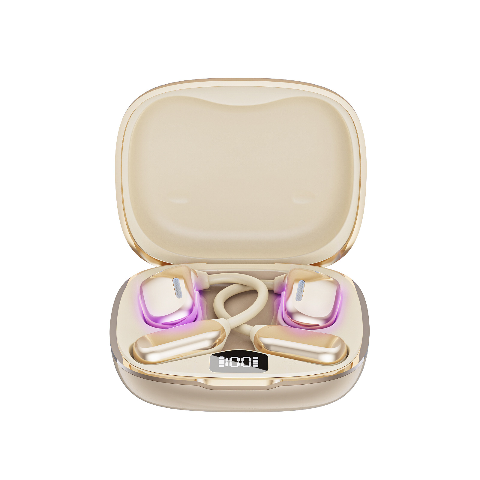 Geöffnete Ladebox mit Knochenschallkopfhörern, rosa und blau leuchtend, auf beiger Oberfläche.