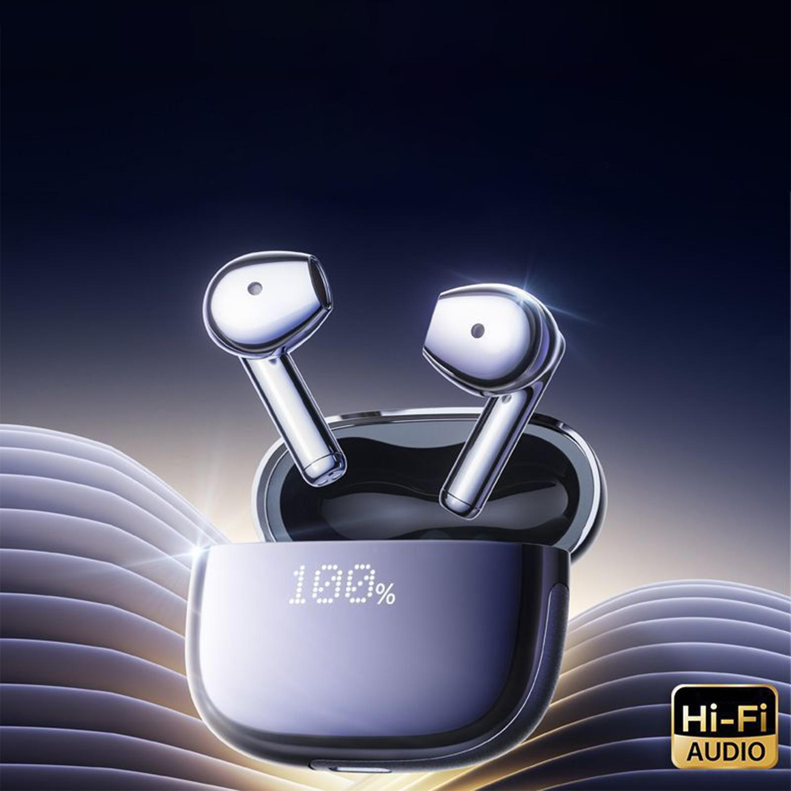 Silberne Ohrhörer und Ladeetui, Anzeige zeigt 100 %, Hi-Fi-Audio-Logo.