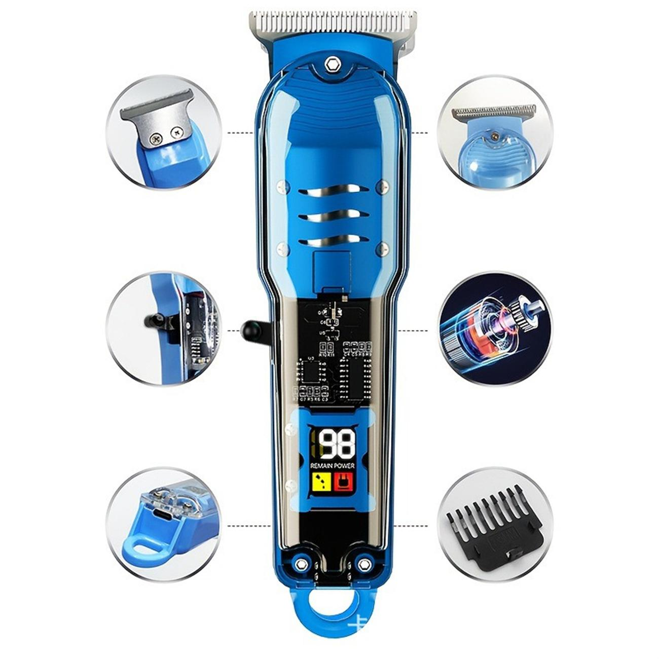 Blauer elektrischer Haarschneider mit sichtbaren internen Komponenten, Detailansichten von Teilen und Leistungsanzeige.