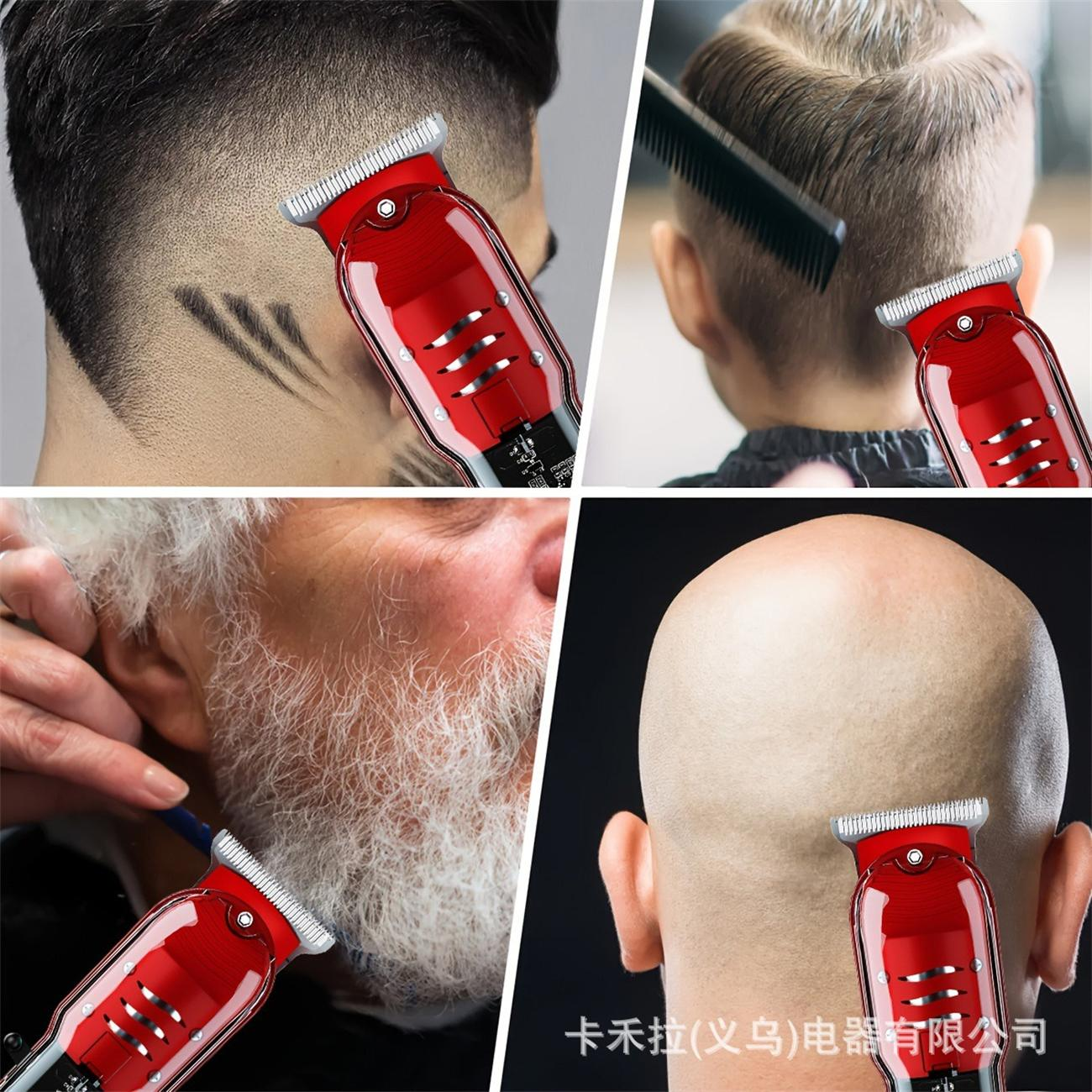 Vier Bilder, die einen roten Haarschneider in Gebrauch zeigen, einschließlich Haareschneiden und Barttrimmen.