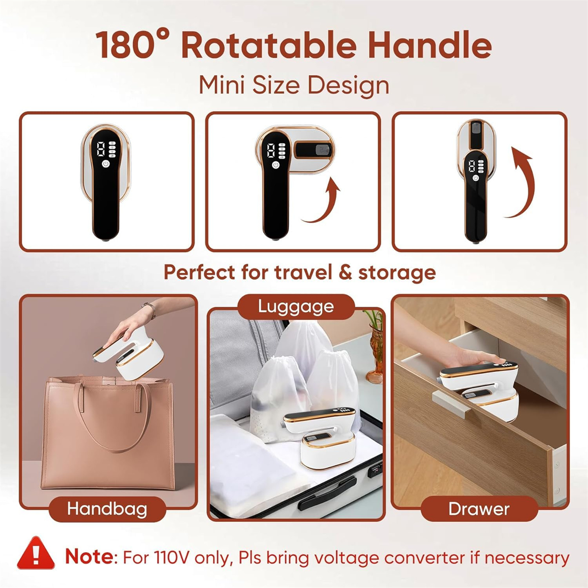 Tragbares Bügeleisen mit drehbarem Griff, perfekt für Reisen und Aufbewahrung, gezeigt in einer Handtasche, Gepäck und Schublade.