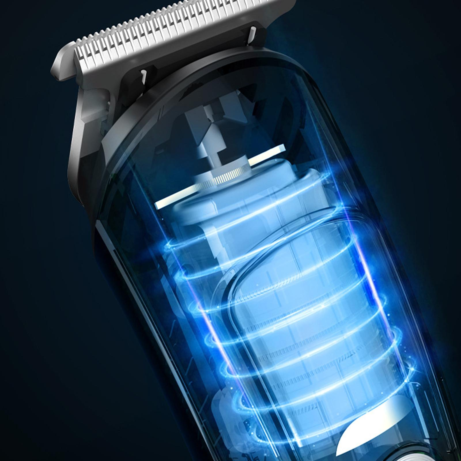 Das Innere eines elektrischen Haarschneiders. Das blaue, sich drehende Innere des Haarschneiders ist sichtbar.