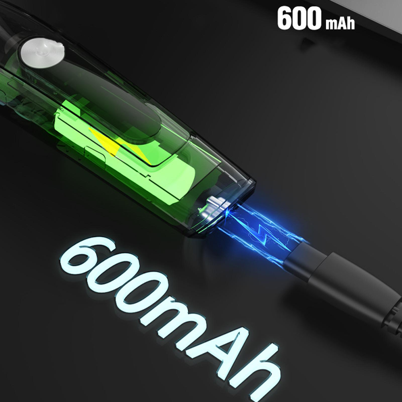 Ein Ladekabel, das mit einem transparenten Gerät verbunden ist. Zeigt 600 mAh Leistung in weißem Text, blauer Blitz.