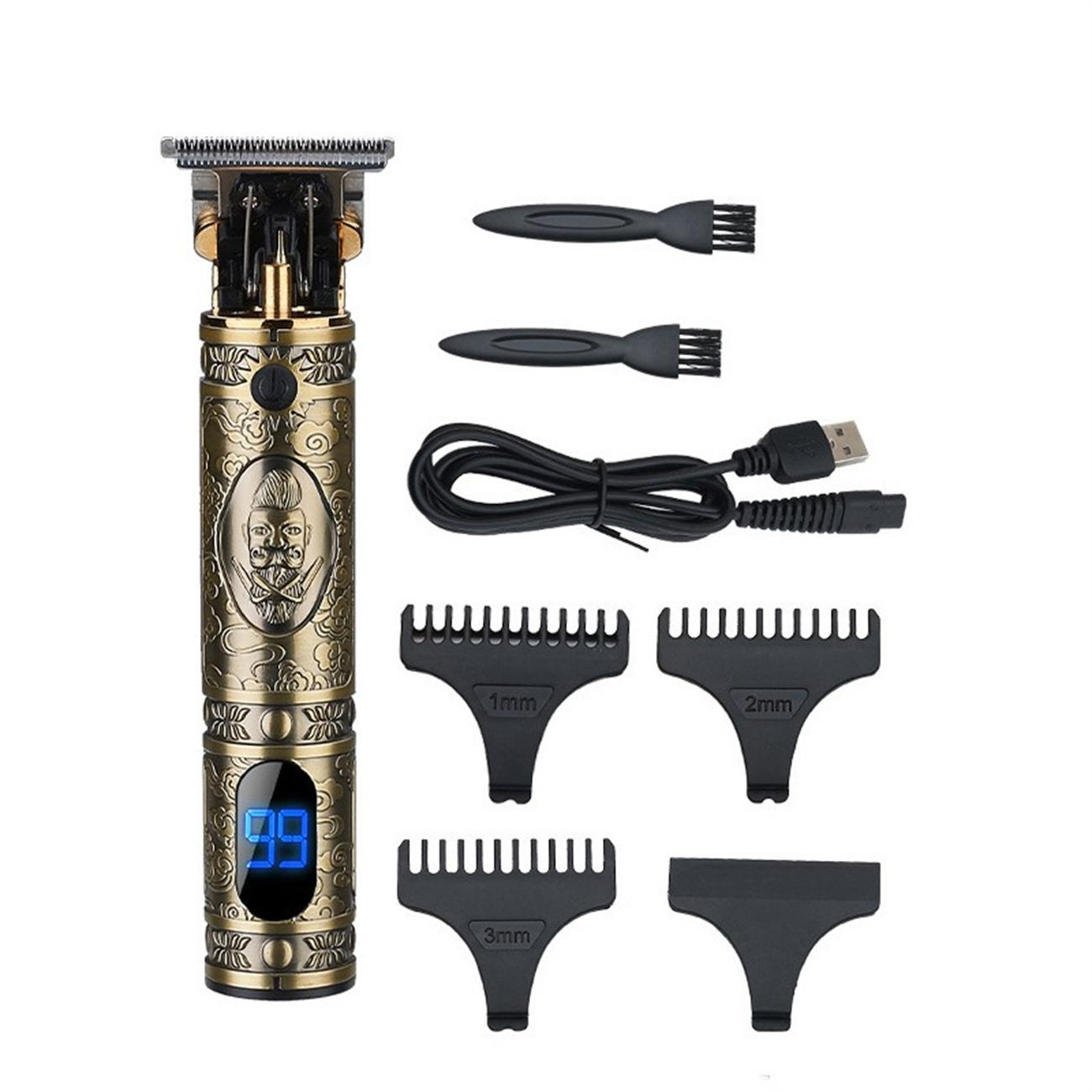 Ein goldener und schwarzer Haarschneider mit Zubehör. Der Clipper hat eine digitale Anzeige und ein Vintage-Design.