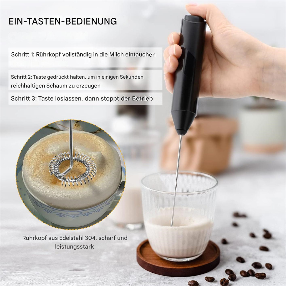 Ein Milchaufschäumer wird verwendet, um Milch in einem Glas aufzuschäumen, mit Anweisungen daneben.