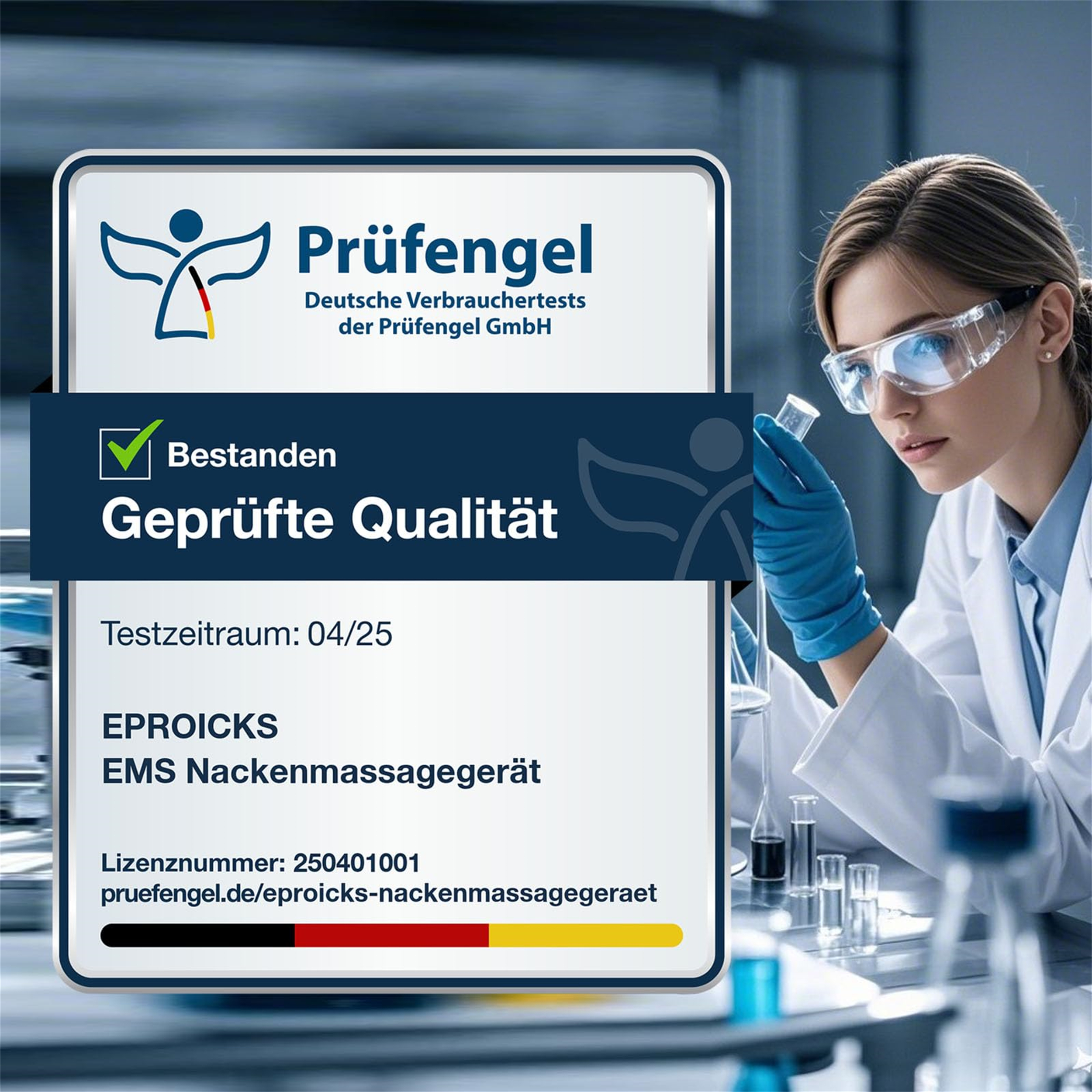 Eine Frau im Laborkittel und mit Brille untersucht ein Reagenzglas. Ein Prüfengel-Qualitätssicherungslogo befindet sich im Vordergrund.