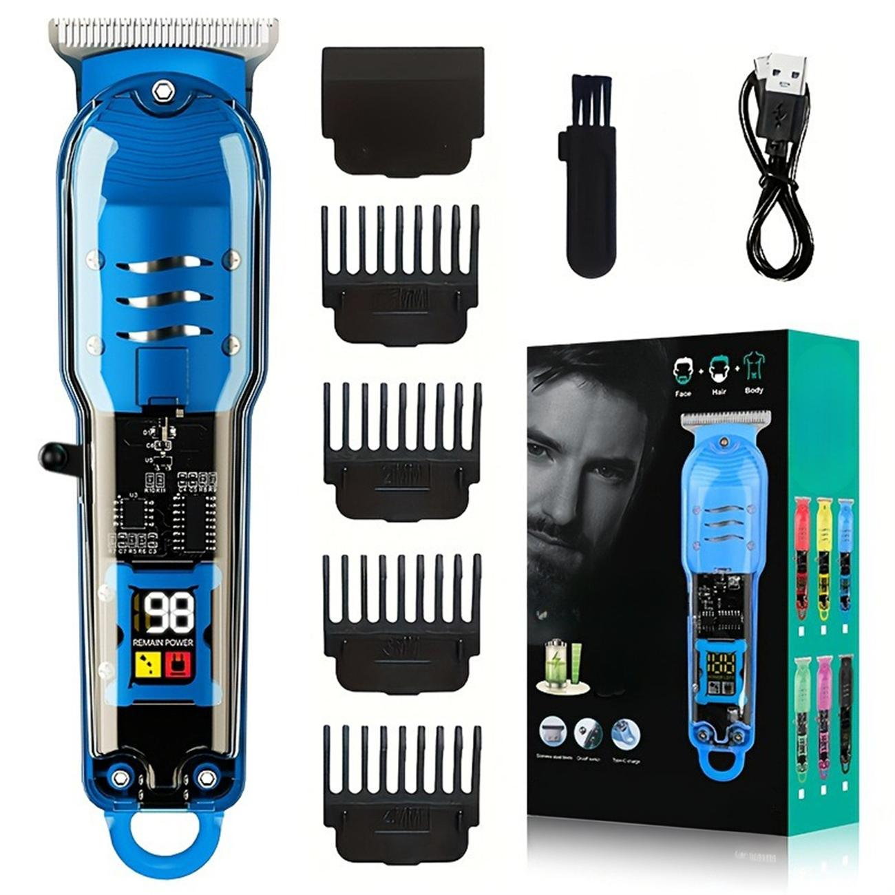 Blau-schwarze Haarschneidemaschine mit Aufsätzen, Ladekabel und einer Box mit einer Illustration eines Mannes.