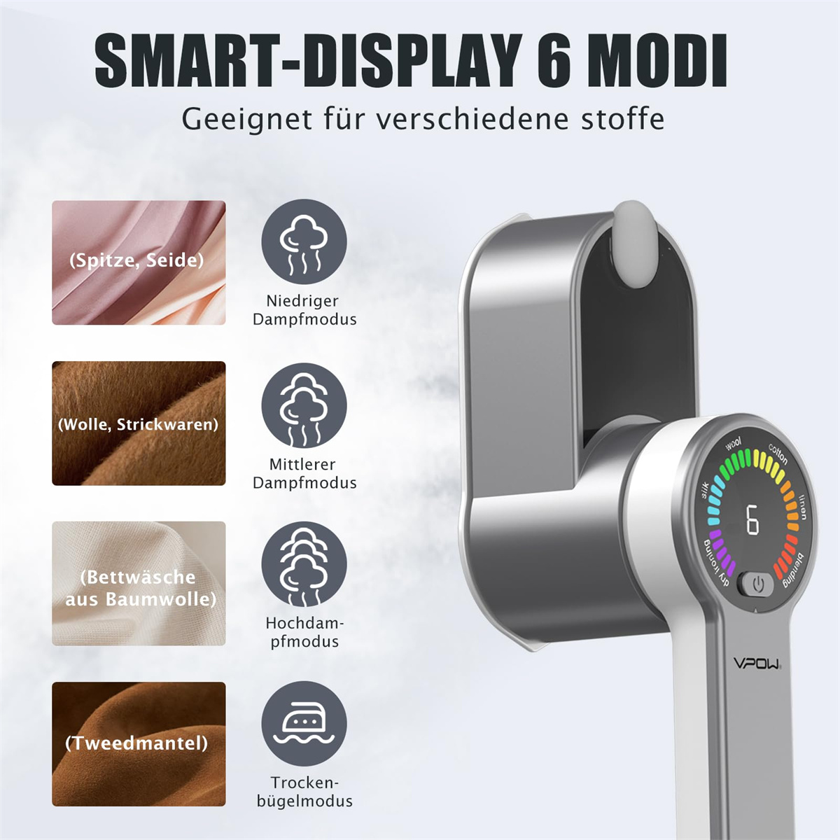 Ein Bügeleisen mit sechs Modi: Spitze, Seide, Wolle, Strickwaren, Bettwäsche aus Baumwolle und Tweedmantel.