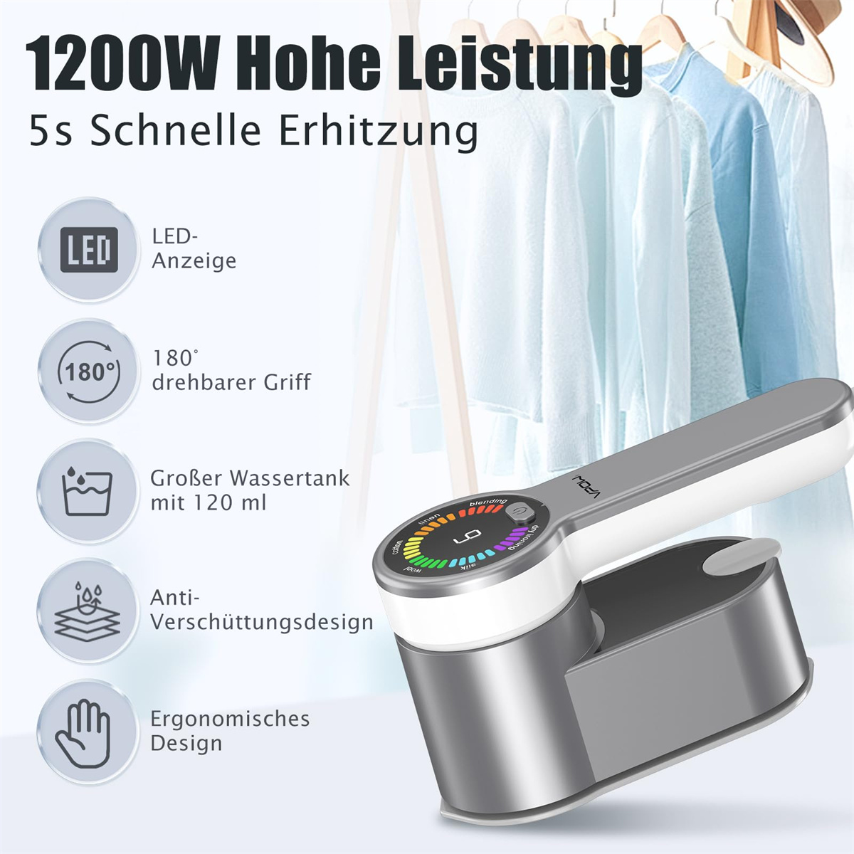 Steamer mit Symbolen: 1200W, schnelles Aufheizen, LED, drehbarer Griff, großer Tank, ergonomisches Design.