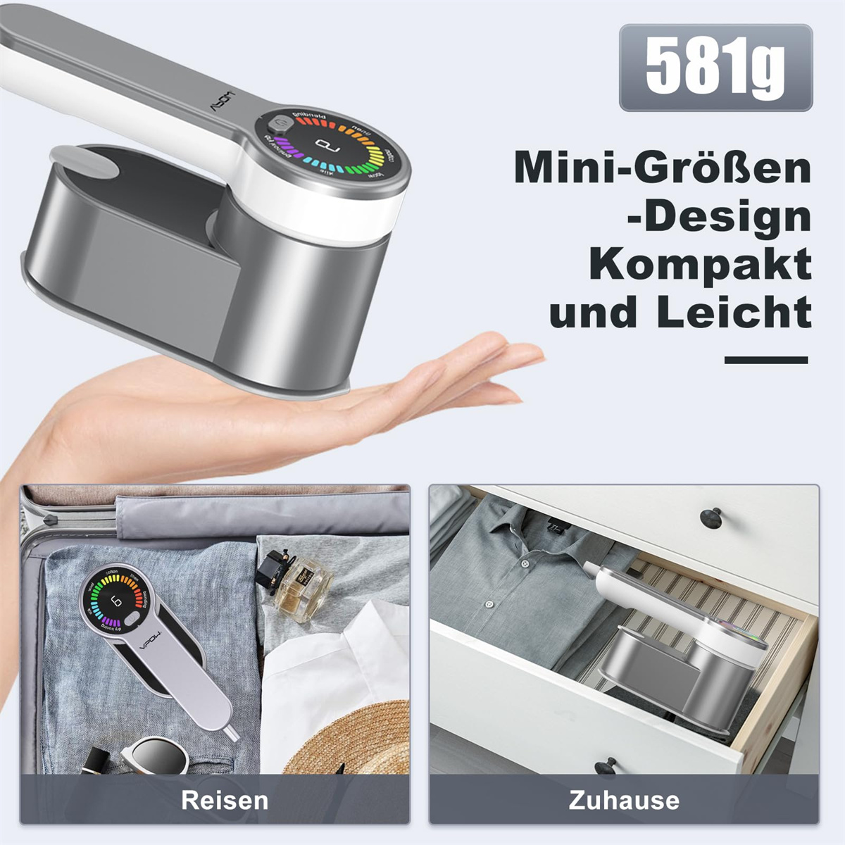 Steamer in Hand und Schublade, zeigt kompakte Größe, 581g Gewicht und Reise-/Heimgebrauch.