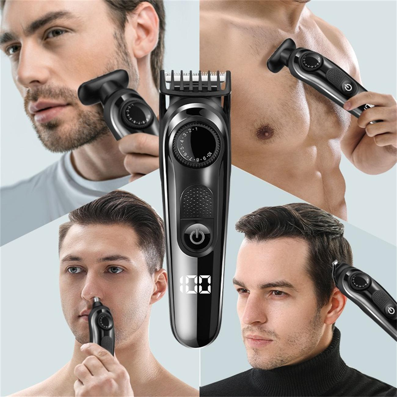 Männer benutzen Trimmer an Gesicht, Brust und Nase. Zentraler Trimmer zeigt Einstellungen.