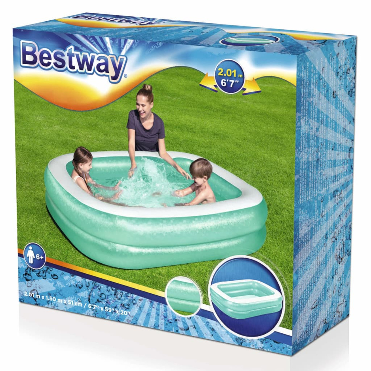 Boîte montrant une piscine Bestway, avec une femme et des enfants dans la piscine.