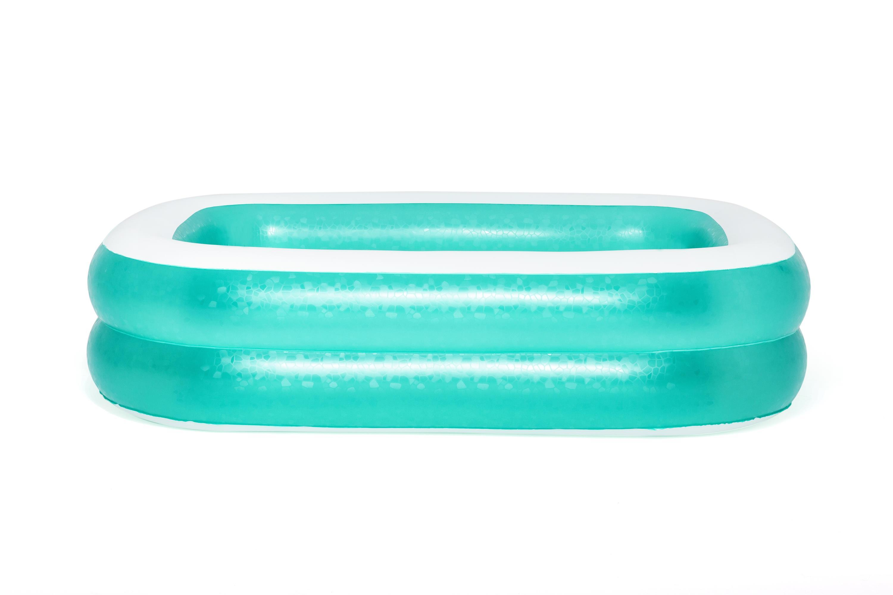 Piscine gonflable turquoise avec un motif géométrique, sur fond blanc.