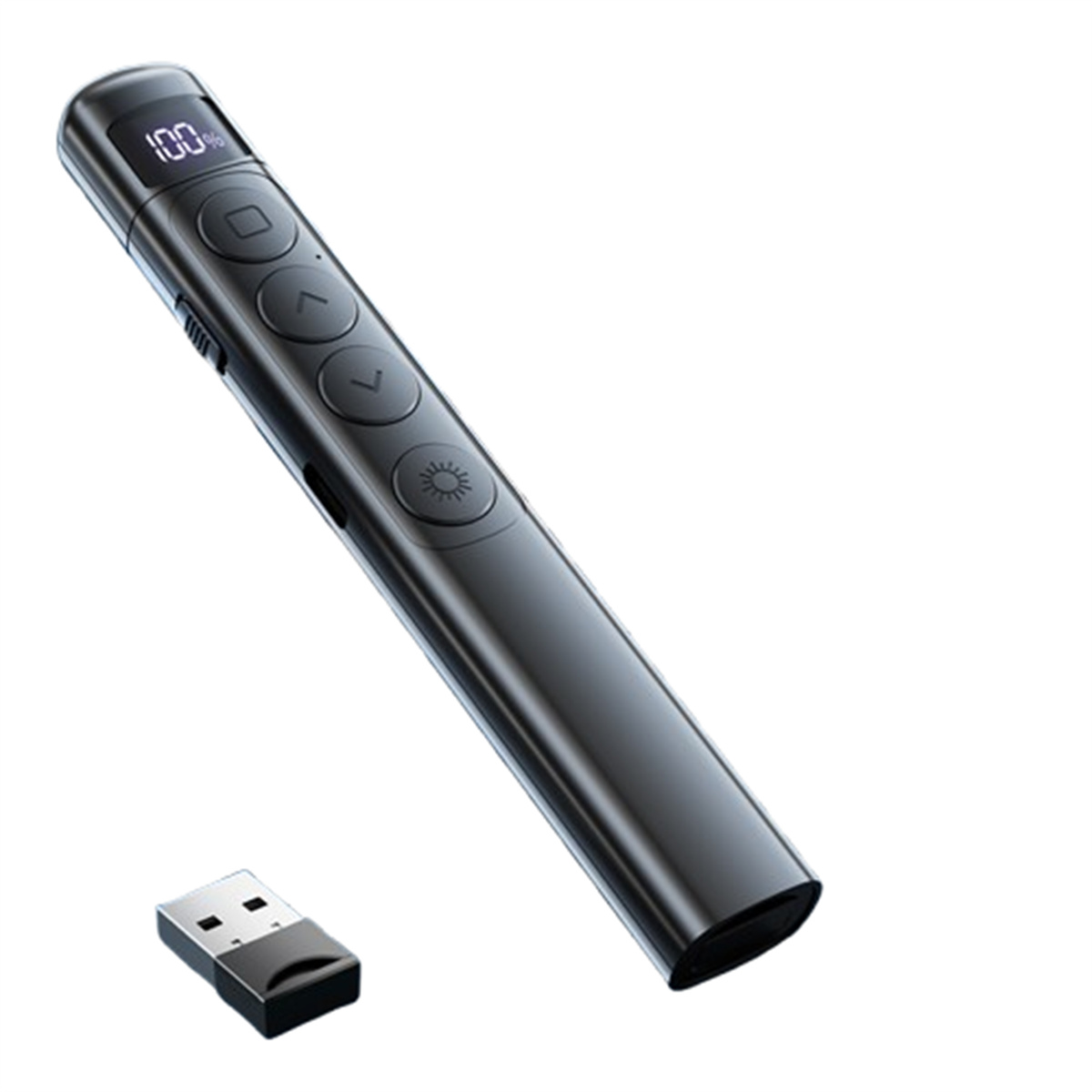 Schwarzer Präsentationspointer mit Knöpfen und USB-Empfänger. Weißer Hintergrund.
