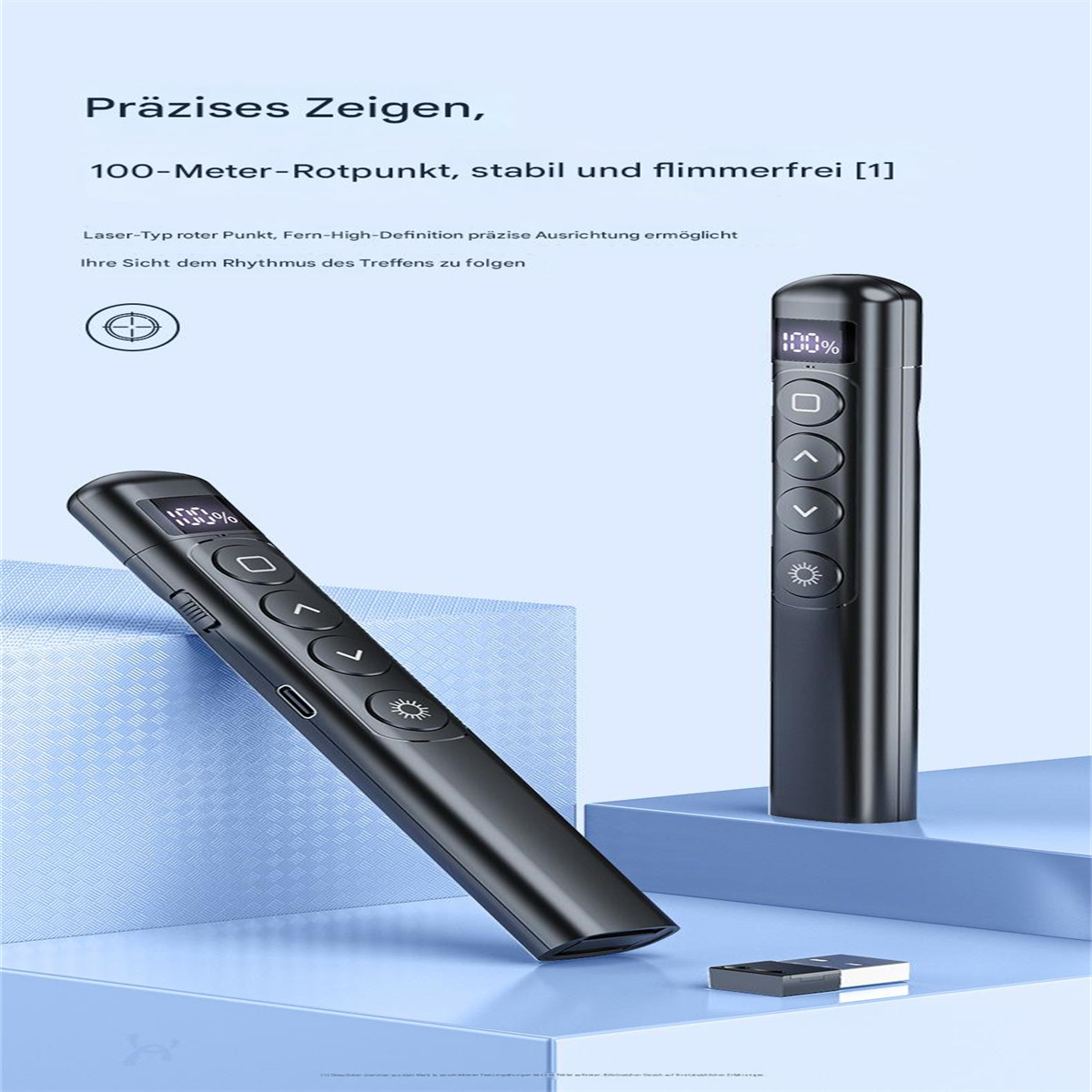 Schwarzer Laserpointer mit Knöpfen und Display. Verschiedene Ansichten desselben Pointers.