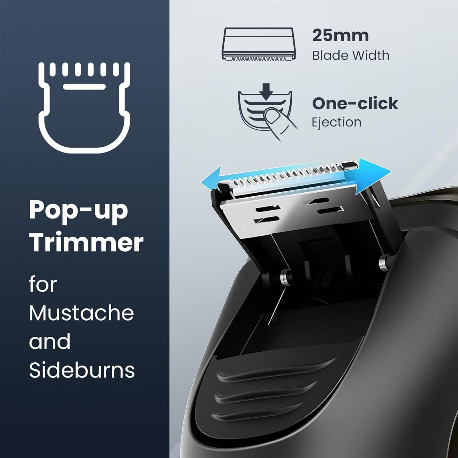 Schwarzer Trimmer mit Pop-up-Trimmer. Text lautet: Pop-up-Trimmer für Schnurrbart und Koteletten, mit Pfeilen.