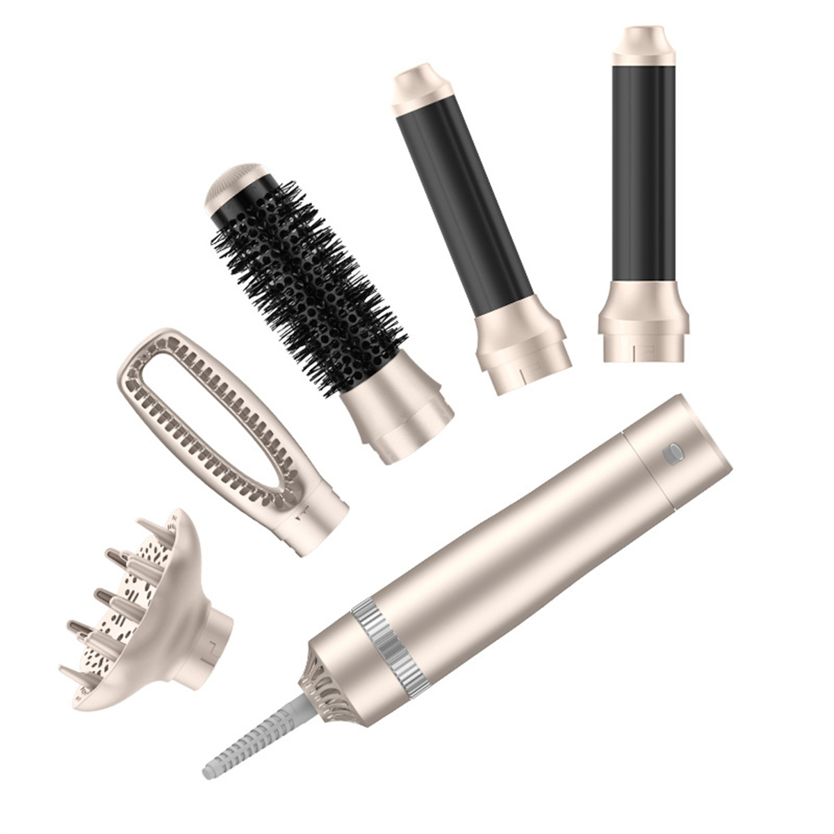 Verschiedene Teile eines Haarstyling-Werkzeugs. Die Teile sind gold und schwarz, weißer Hintergrund.