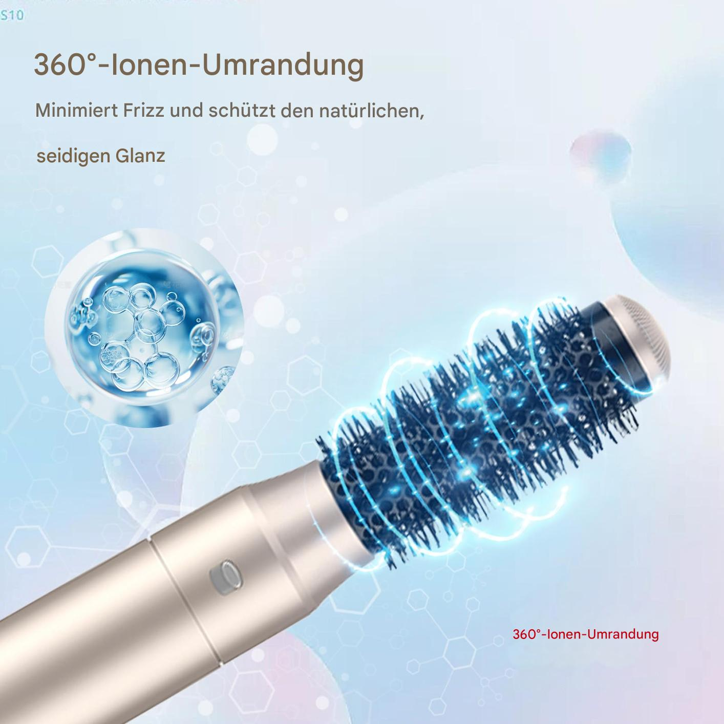 Haartrocknerbürste mit blauen Blasen. Text, 360° Ionen-Umrandung, minimiert Frizz, seidiger Glanz.