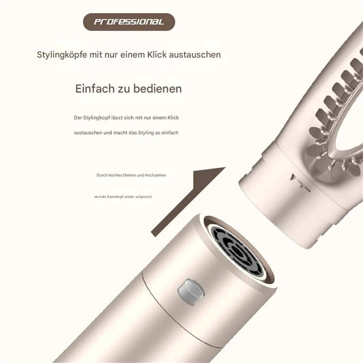 Haartrockner und austauschbare Köpfe. Ein Kopf abgetrennt. Beige und weiß. Text auf Deutsch.