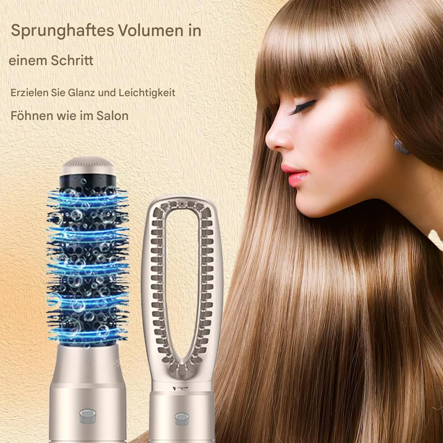 Frau mit langem Haar und Haarstyling-Werkzeugen. Text sagt: 'Volumen in einem Schritt'.