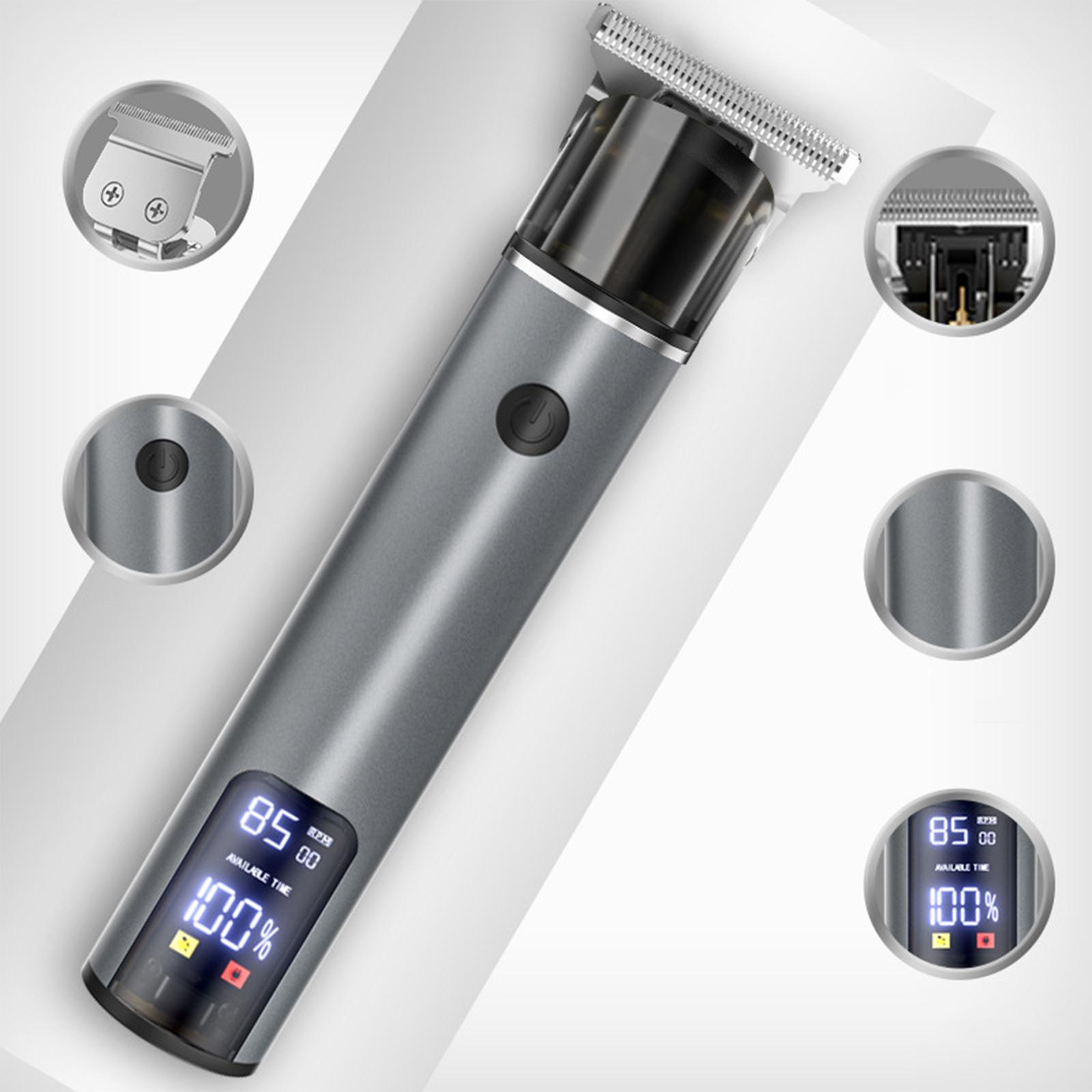 Grauer elektrischer Trimmer mit Digitalanzeige für Akkulaufzeit und Zeit. Detaillierte Ansichten umgeben ihn.