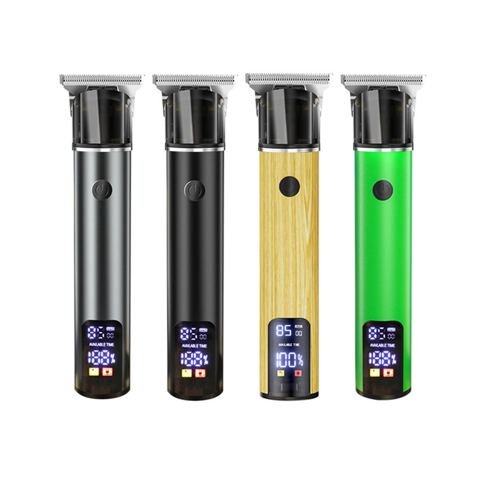 Vier elektrische Trimmer in verschiedenen Farben. Anzeigen zeigen Akkulaufzeit und Restzeit. Weißer Hintergrund.