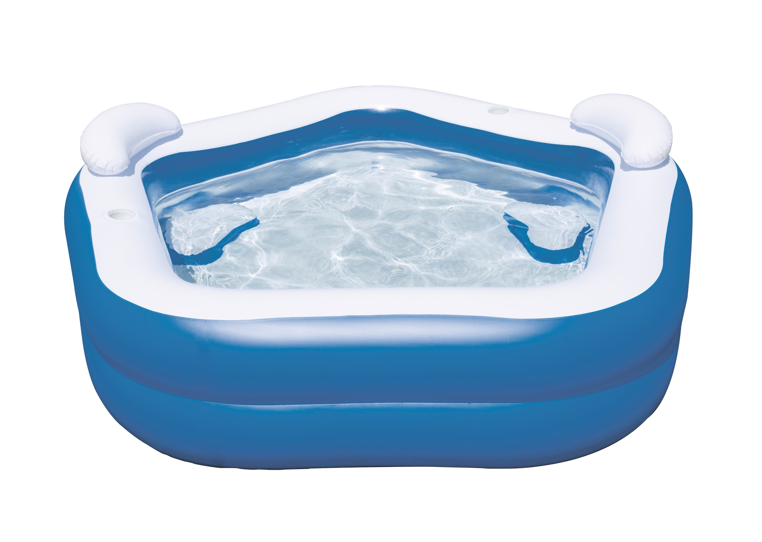 Blau-weißer aufblasbarer Pool, leer, mit zwei Kopfstützen, isoliert auf weißem Hintergrund.