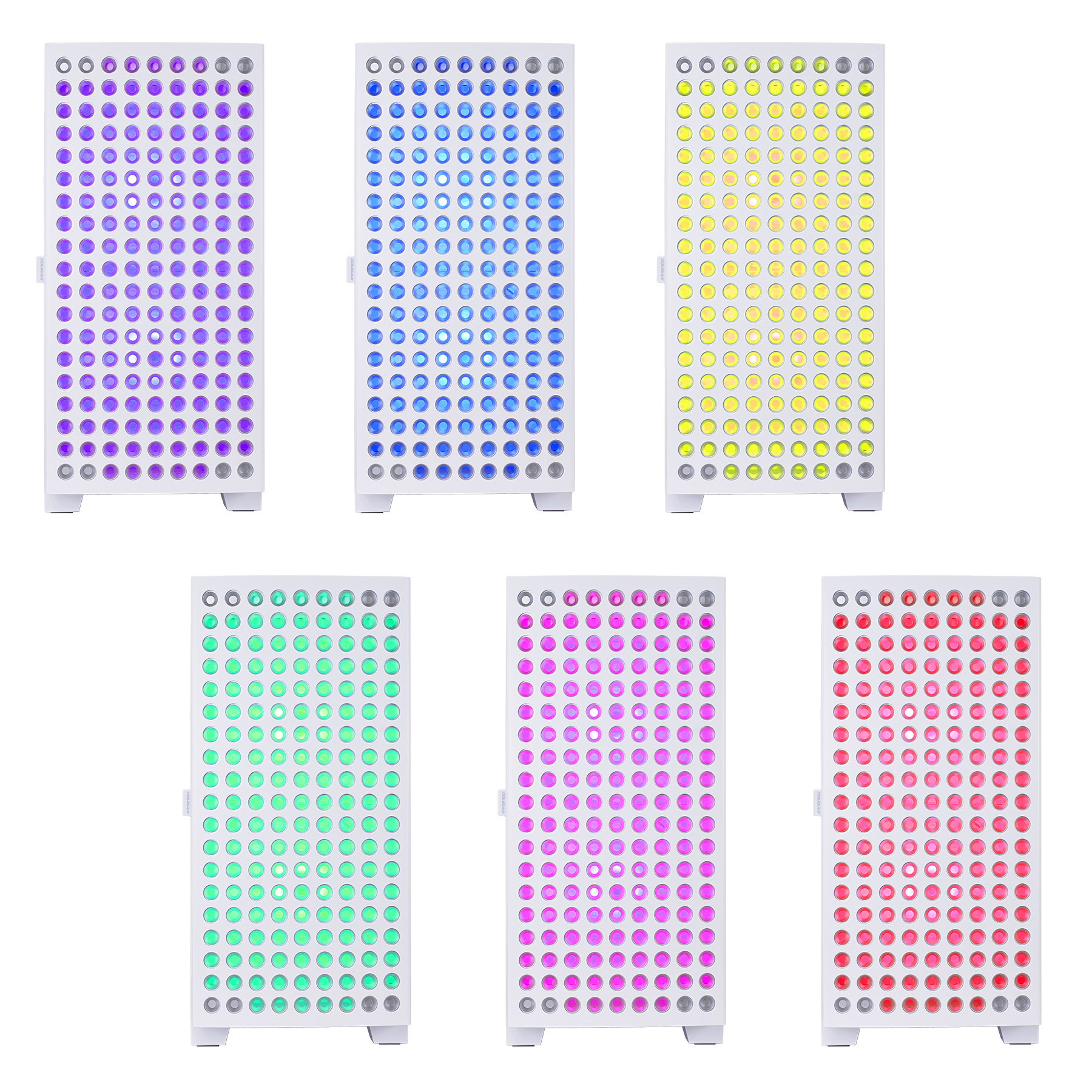 Sechs farbige LED-Panels: lila, blau, gelb, grün, rosa und rot. Zeigen verschiedene Farben an.
