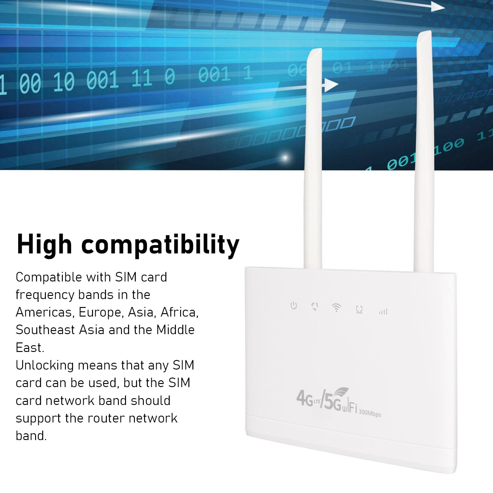 Ein weißer 4G/5G-WLAN-Router mit zwei Antennen wird vor einem digitalen Hintergrund angezeigt.
